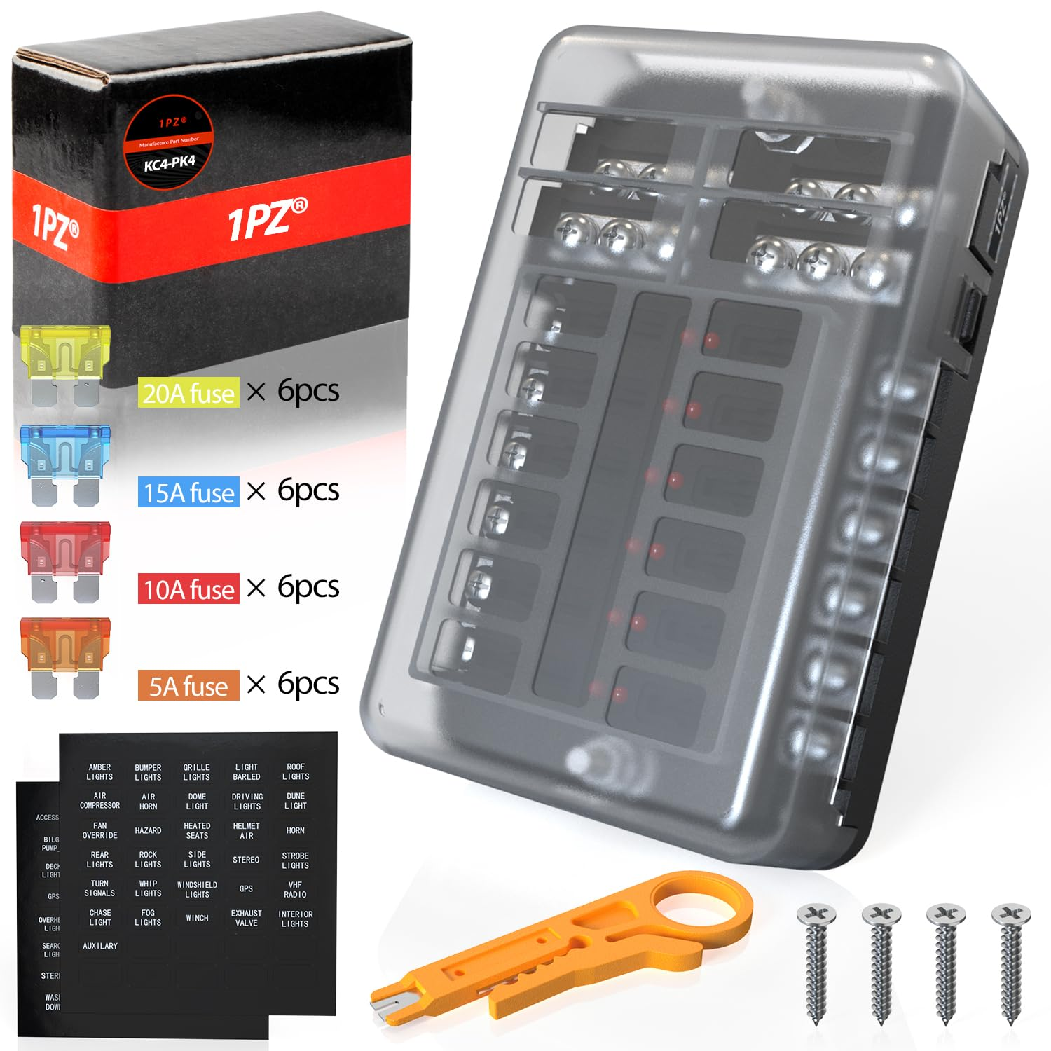 1PZ KC4-PK4 12 Circuit Waterproof Fuse Box with LED Light & Built-In Wire Cutter Universal Dual Pole Car Truck Boat Marine Fuse Block Panel image number 2