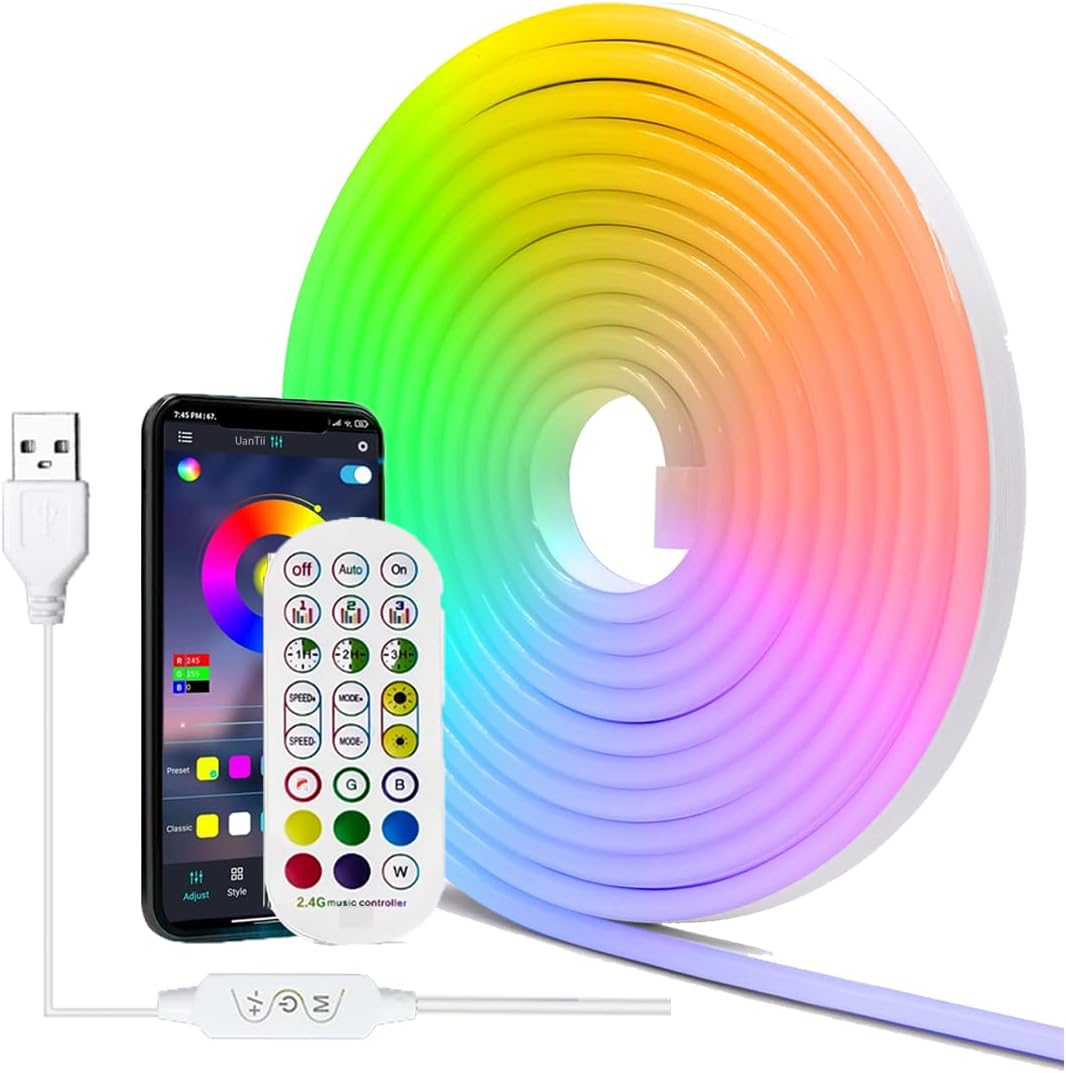 Uantii RGBIC Neon Rope Lights,5V USB Bluetooth App Control,Timing Music Sync Color Changing Waterproof Bendable Neon Light Strip for Bedroom and Home Decration (2M)