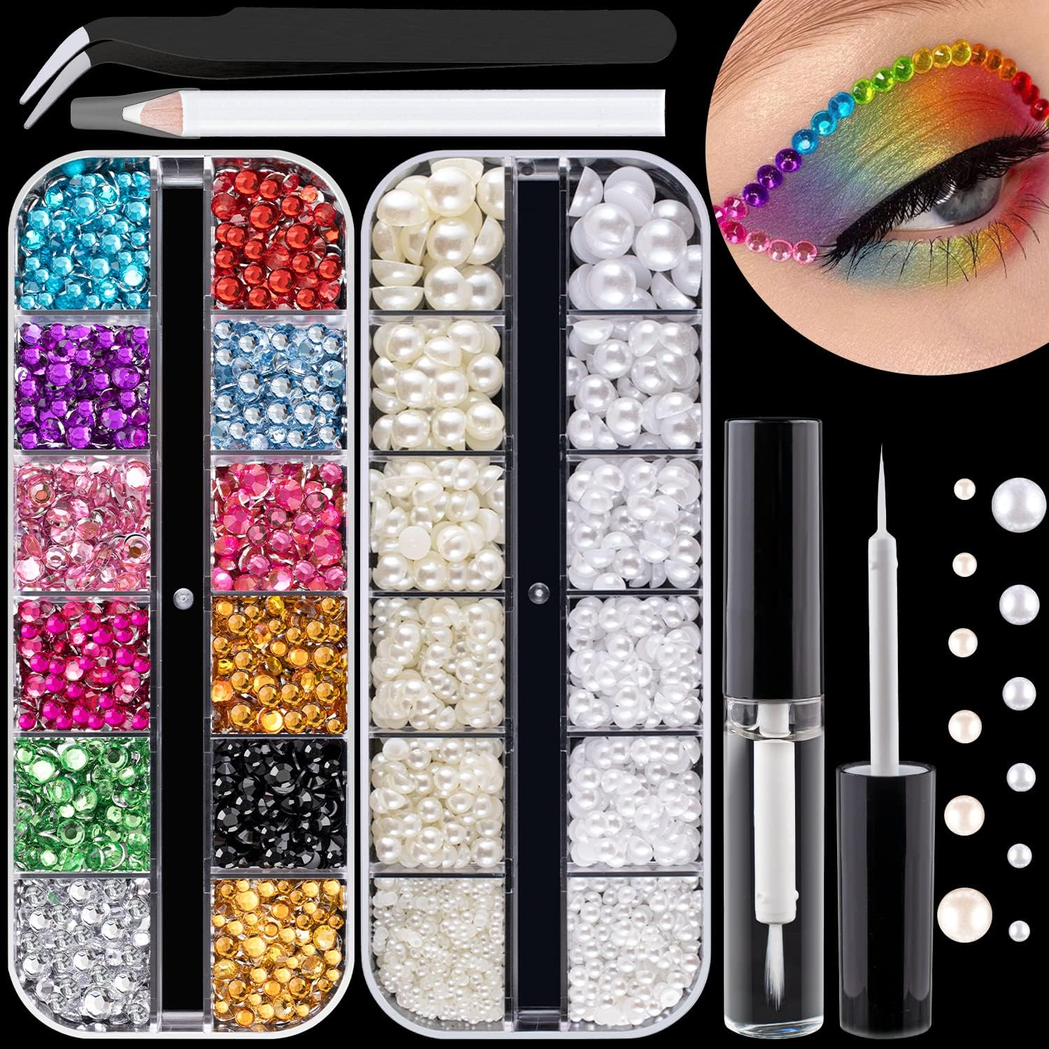 Flat Back Rhinestone+Half round Pearl Kits Colorful Rhinestones+White&Beige Pearls with Quick Dry Makeup Glue+Picker Pencil+Tweezer for Nail Art and Face Make-Up
