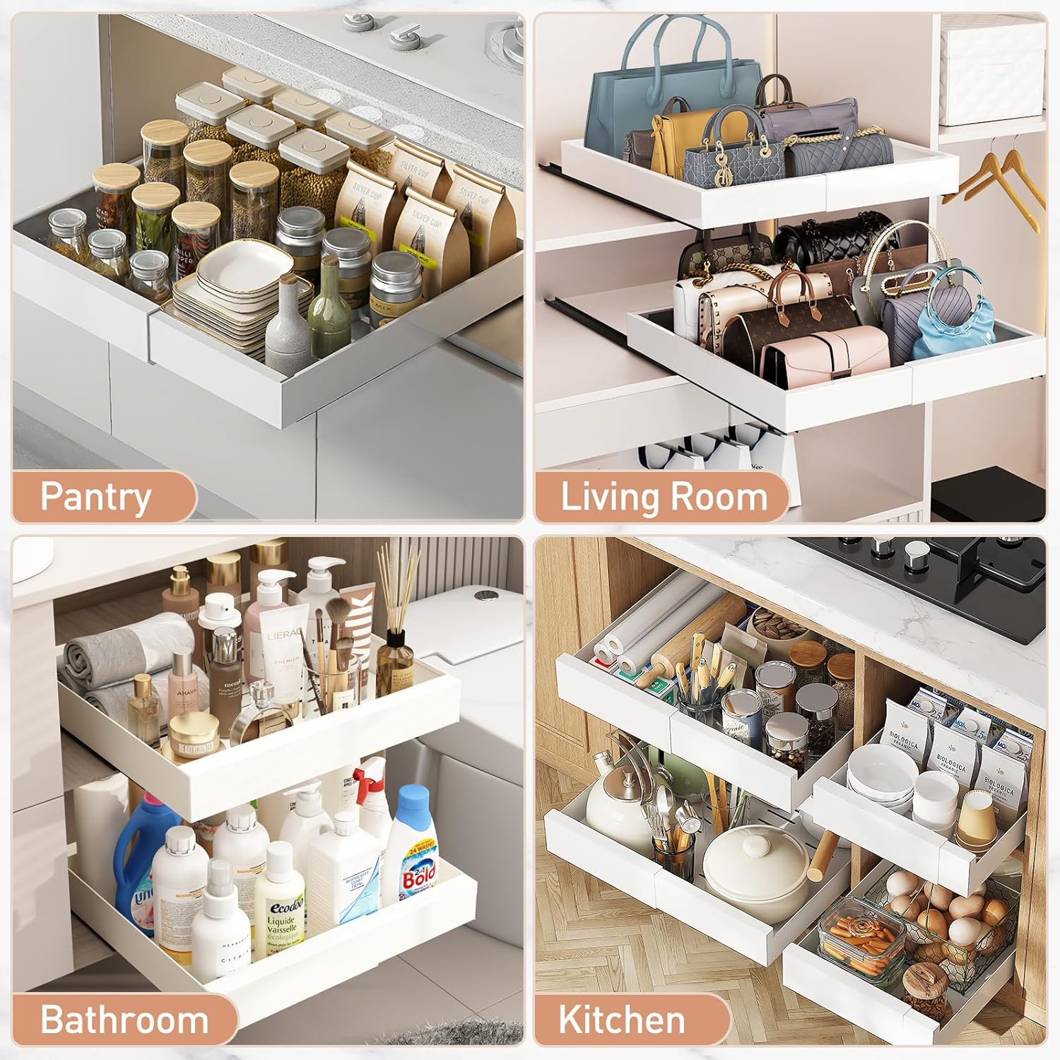 Expandable (12.6"-20.5") Pull Out Cabinet Organizer Sliding Drawer Kitchen Storage, Pantry Shelves Adjustable Peel and Stick Slide Out Drawers, Heavy Duty Adhesive Retractable Bathroom Rack image number 6
