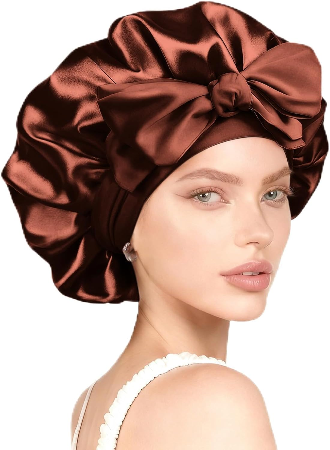 AIAOO Silk Bonnet for Sleeping Satin Hair Bonnet with Bow Ribbon Elastic Wide Band, Large Size for Curly Natural Hair, Night Sleep Cap for Women, Soft Breathable, Wig Protection