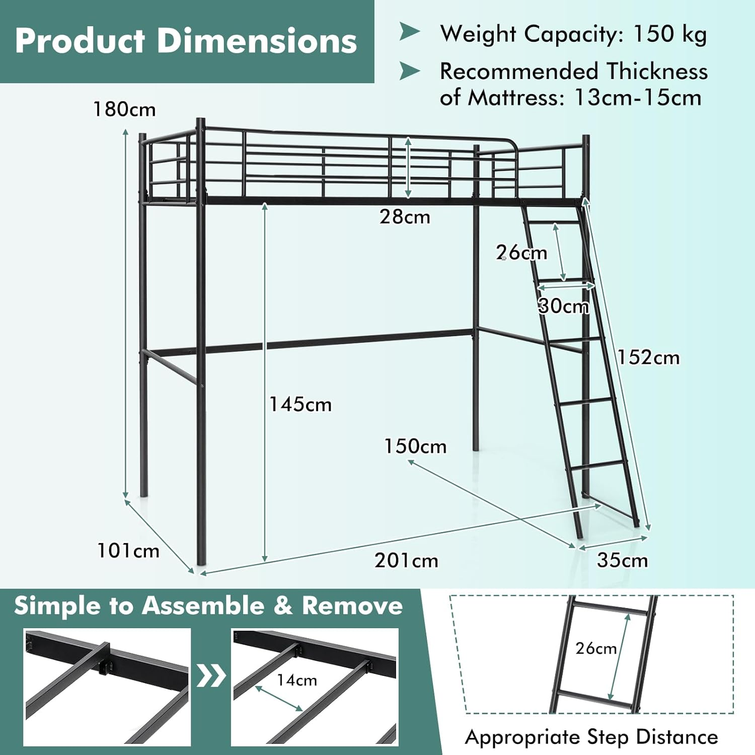Giantex Loft Bed with Ladder, Heavy-Duty Steel Bed Frame with High Guard Rails & Ample underneath Floor Space for Working & Relaxation, Versatile Bed Frame, No Box Spring Needed, Space-Saving (Black) image number 2