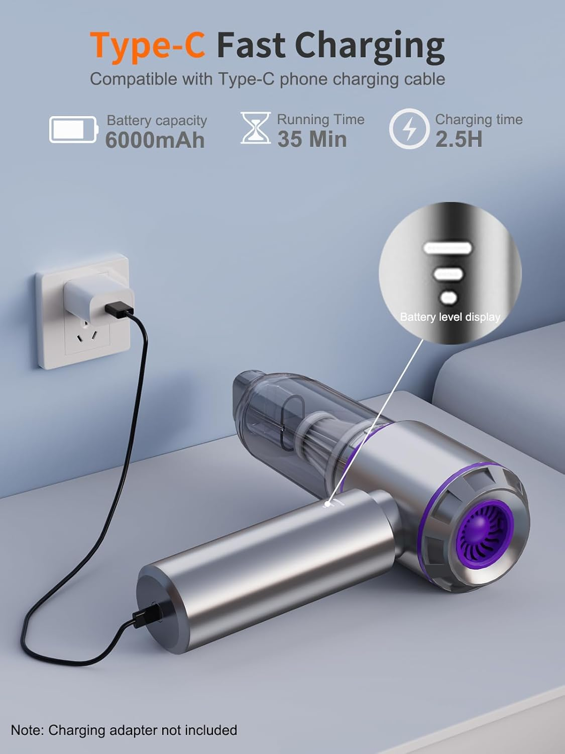 IYOFINE Vacuum/Air Duster 80,000RPM Super Power Mini Car Vacuum Cleaner 4-In-1 Air Blower Gun Air Duster & Air Blower & Pump Hand Electric Air Duster Handheld Dust Blower Blower Cordless (Purple) image number 2