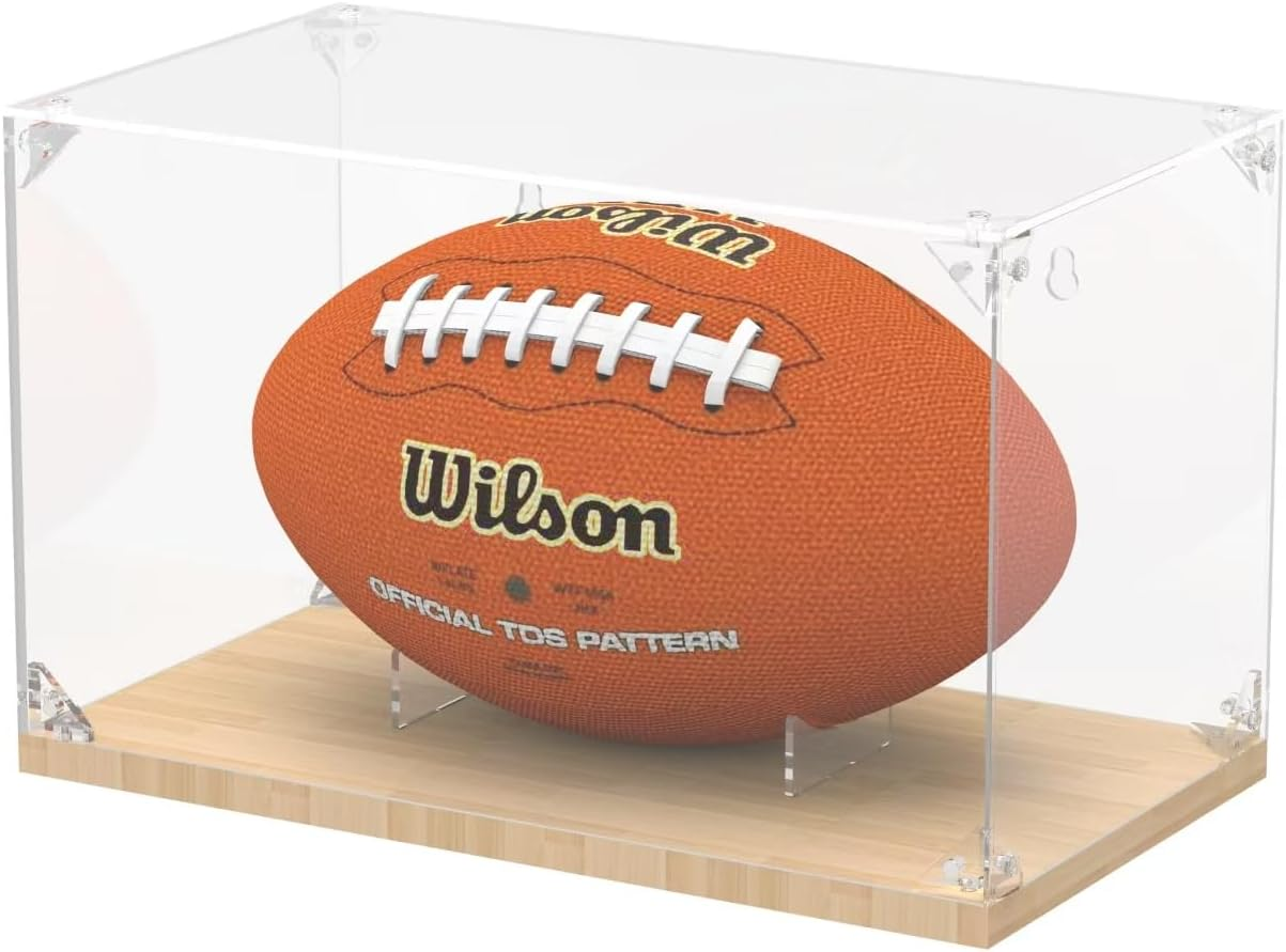 Acrylic Display Case, Collectibles Clear Acrylic Football Display Case, Display Box for Toys Case Storage Box Memorabilia Football with Premium Solid Wood Base