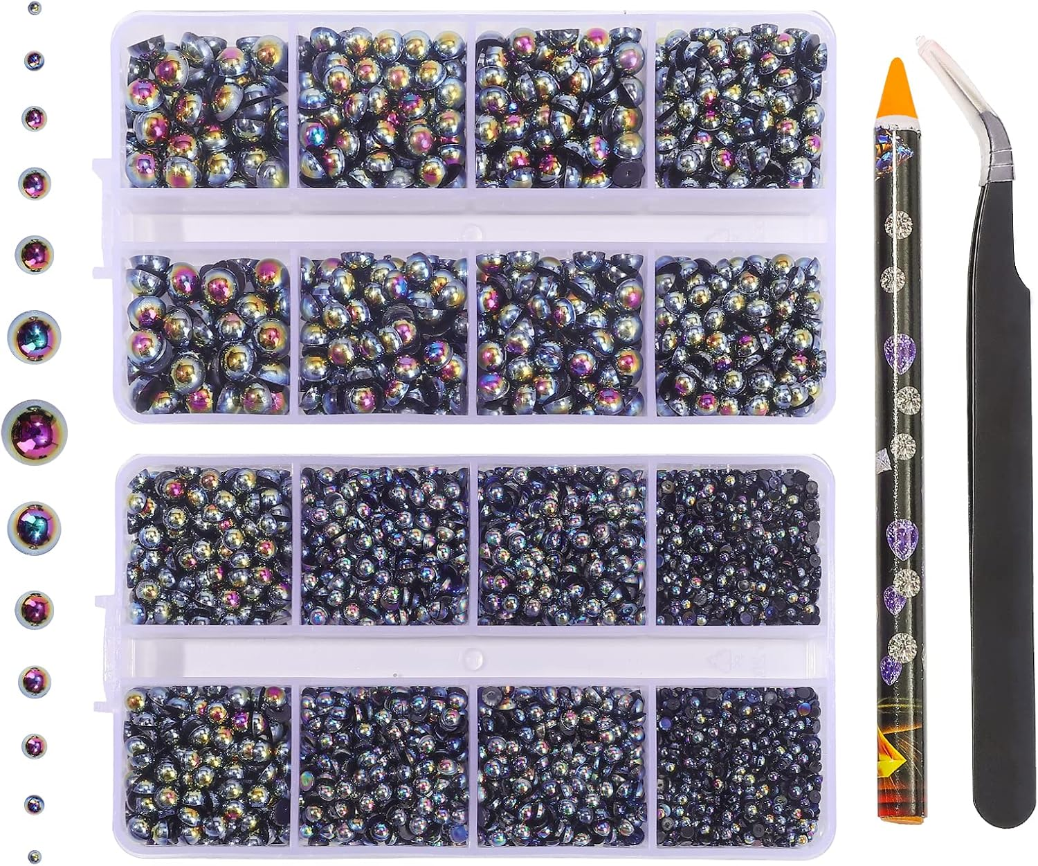 6540PCS Light Pink AB Resin Flat Back Pearls Rhinestones,Mixed Size 2/3/4/5/6/8/10Mm Half round Pearl Beads Nail Gems Rhinestone with Tweezers and Picker Pencil for Crafts Nail DIY Decoration