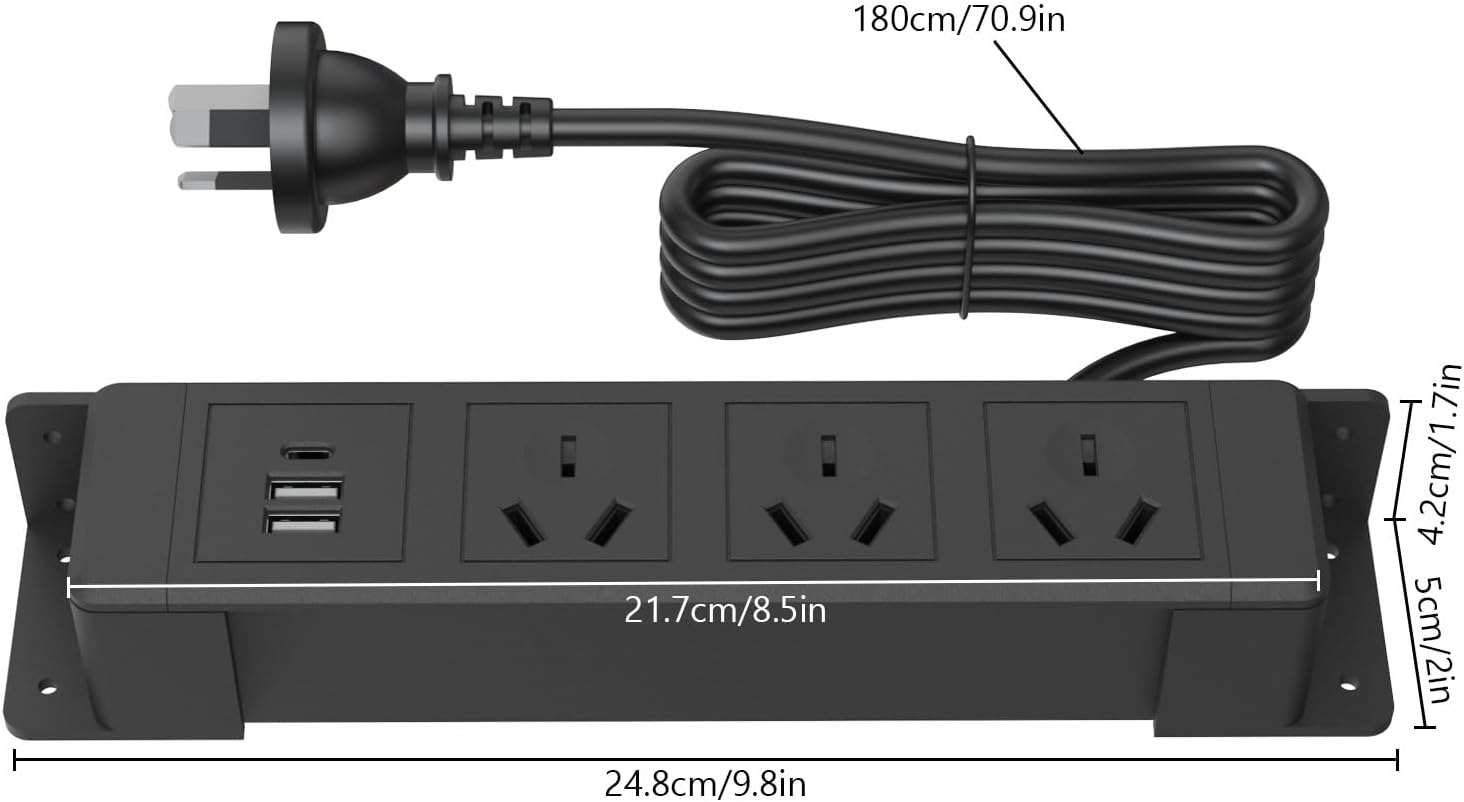 Wall Mount Power Strip with 3 AU Outlets, USB & USB-C Charging Ports, under Desk Power Strip Mountable Power Board with 1.8M Cord, Overload Protection, under Desk or Kitchen Cabinet Installation image number 3