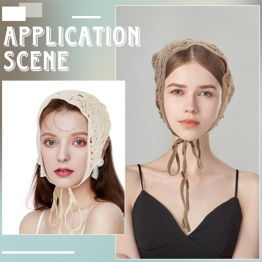 CABODYALS 3Pcs 3 Colours Crochet Bandanas Headbands Beige Black Gray Vintage Knitted Head Hair Scarf Knit Lace Floral Hollow Triangle Headscarf for Women Bridal Wedding Styling Dress Party Accessories image number 6