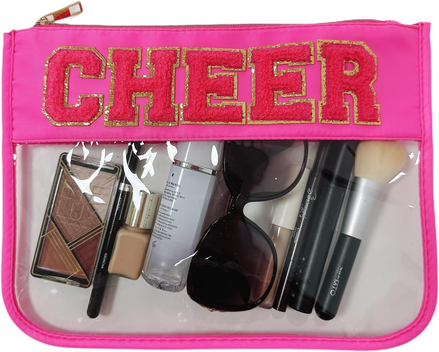 Clear Makeup Letter Bag Chenille Glitter Varsity Letter Patch Zipper Toiletry Pouch Travel Beach Summer Pool Bag Gifts for Women Girls(Beach-Blue), Cheer-Hot Pink - Dance-Black image number 7
