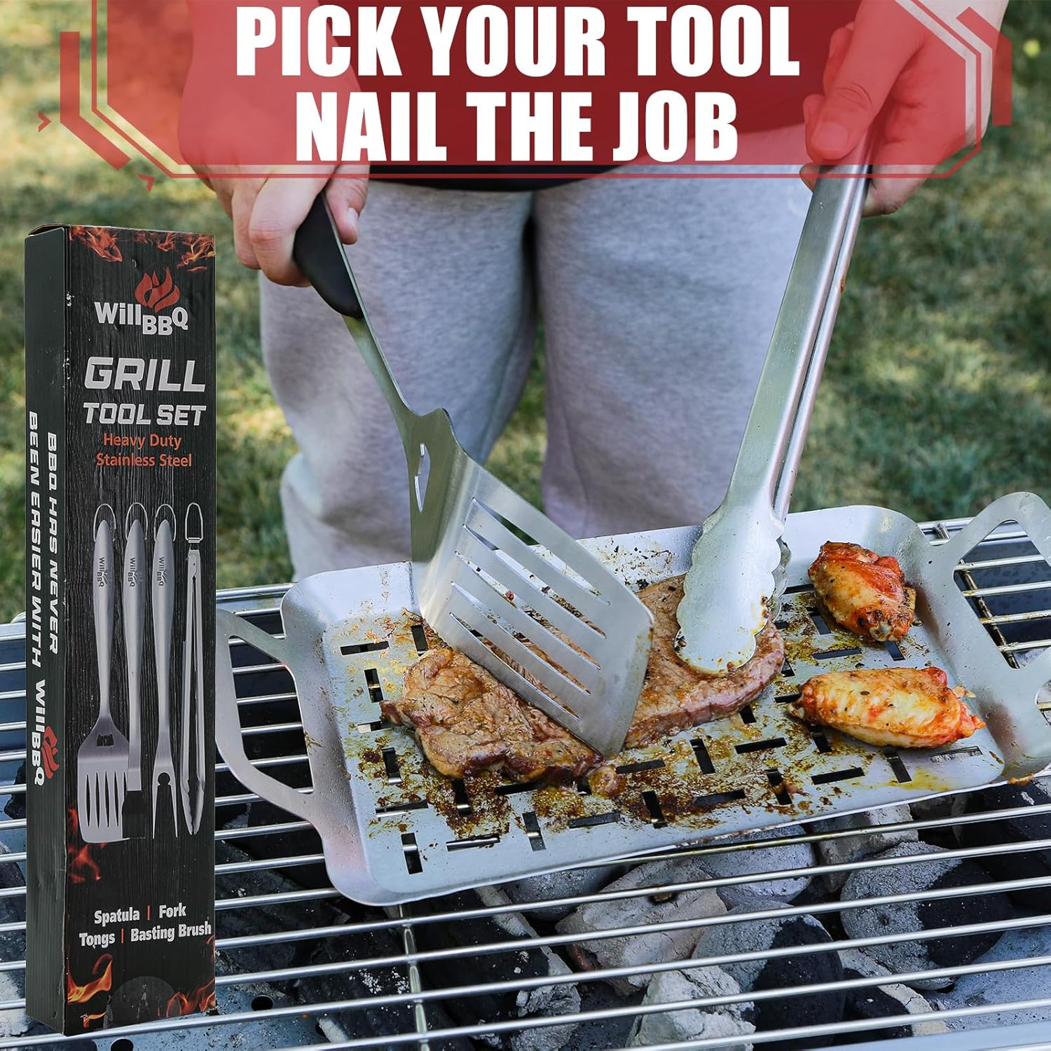 Willbbq 4-Piece BBQ Tool Set &ndash; Stainless Steel Grill Utensils with Tongs, Spatula, Fork & Brush &ndash; Heat-Resistant, Long Handle, Gift Ready image number 1