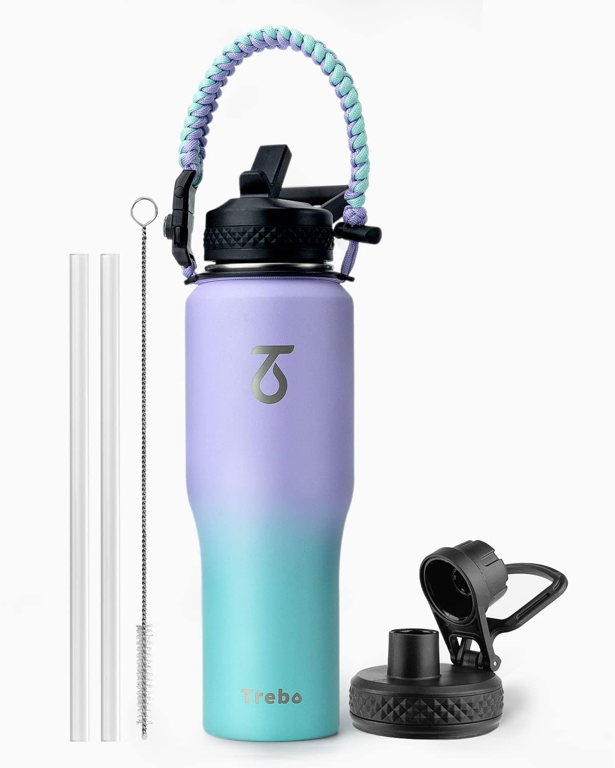 Trebo 32Oz Insulated Water Bottle That Fits in Cup Holder, Stainless Steel Double Wall Tumbler Flask Bottles with Paracord Handle, with Straw Spout Lids, Keep Cold for 48 Hrs/Hot 24 Hrs,Indigo/Black