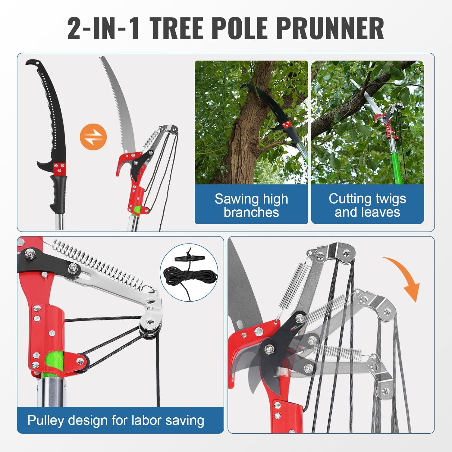 30 Ft Manual Pole Saw, Extendable Tree Pruner Blade and Scissors Set with 9 Fiberglass Handles, Long Branch Pruner Retractable for Backyard and Garden, Bush Cutting and Pruning of Palm Trees image number 3
