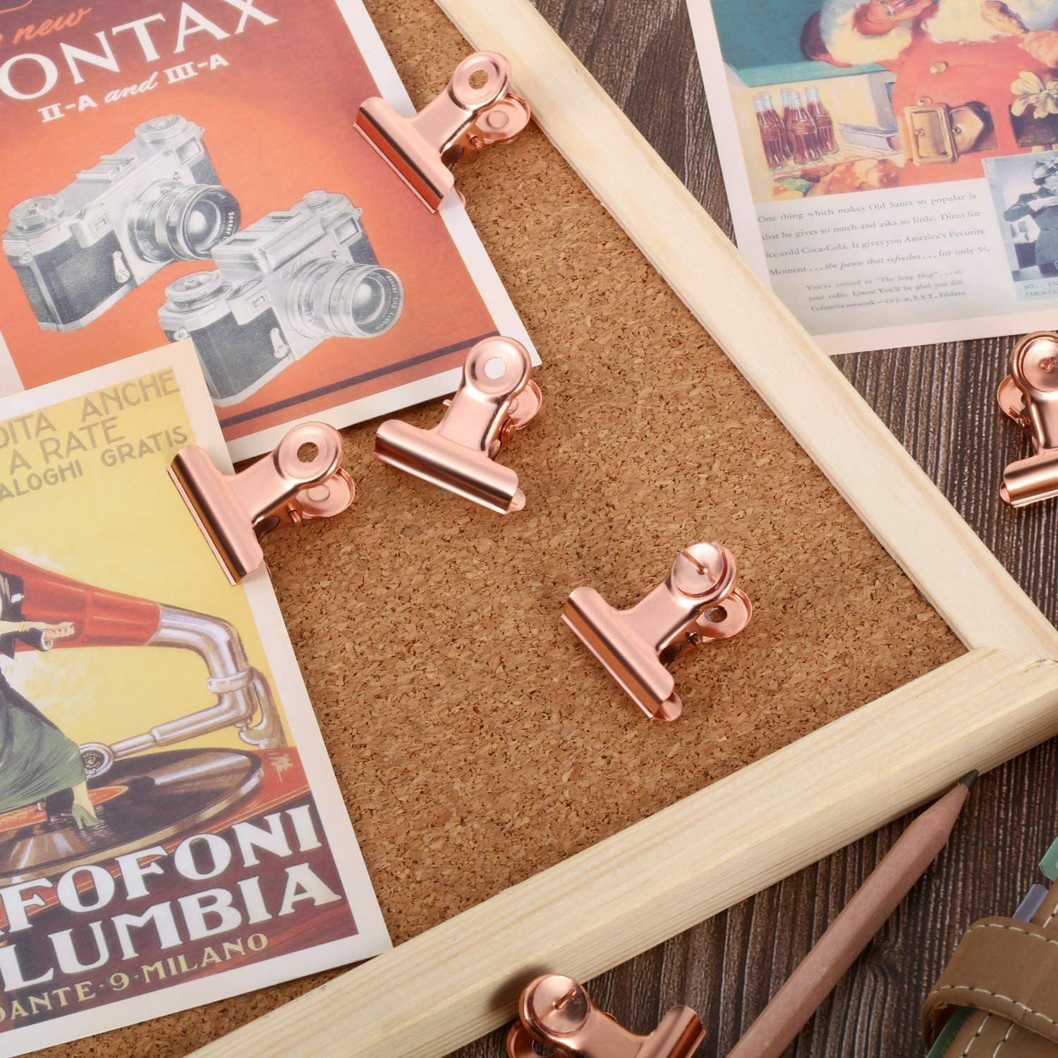 20 Pack Bulldog Clips with Push-Pins for Corkboard,Metal Clips for Crafts, Metal Binder Clips for Pictures, Spring Paper Clamps for Office Documents (Rose Gold,1.2Inch) image number 3