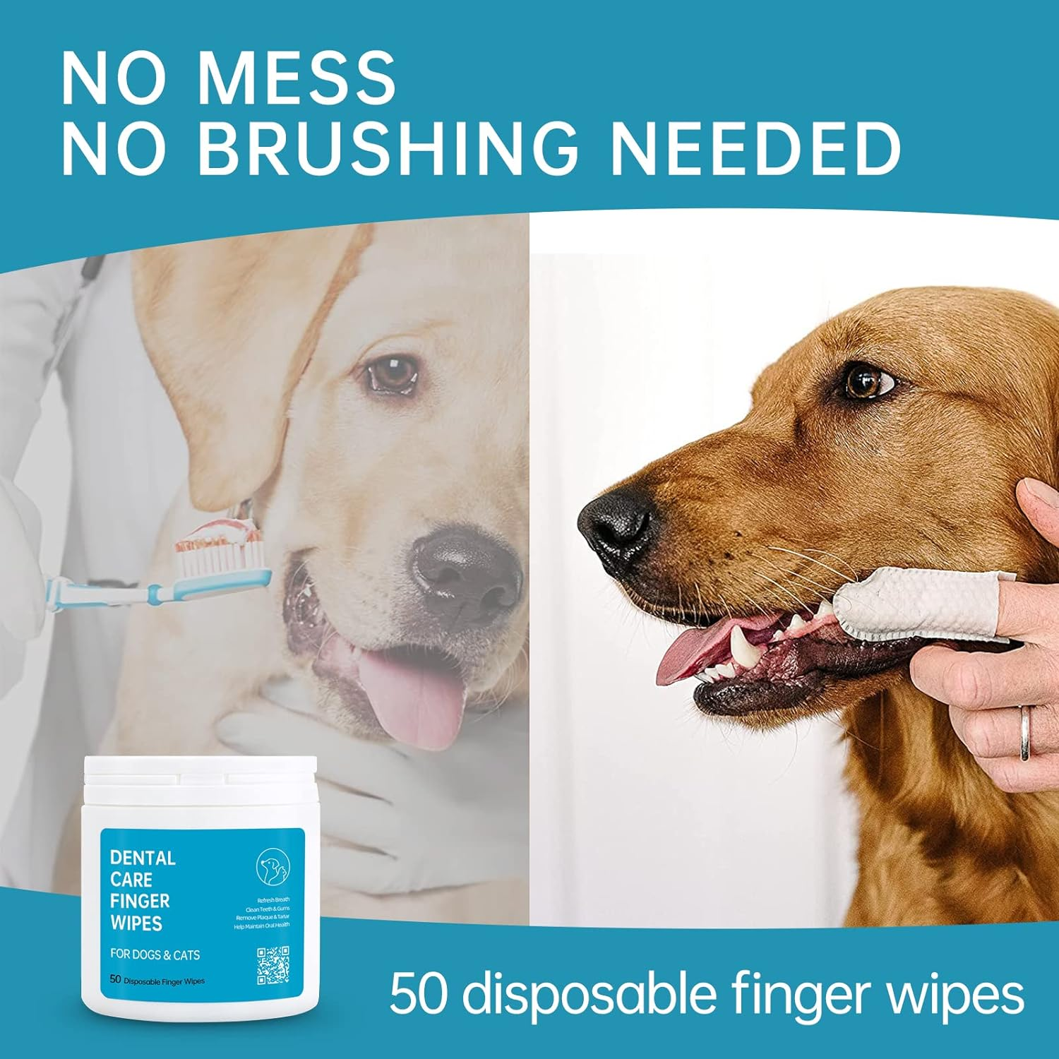 Dog Dental Wipes for Cats & Dogs Teeth Cleaning - Safe Vet Approved, Breath Freshener, Tartar Remover, All Natural Organic, 50Ct Pre-Soaked Finger Wipes