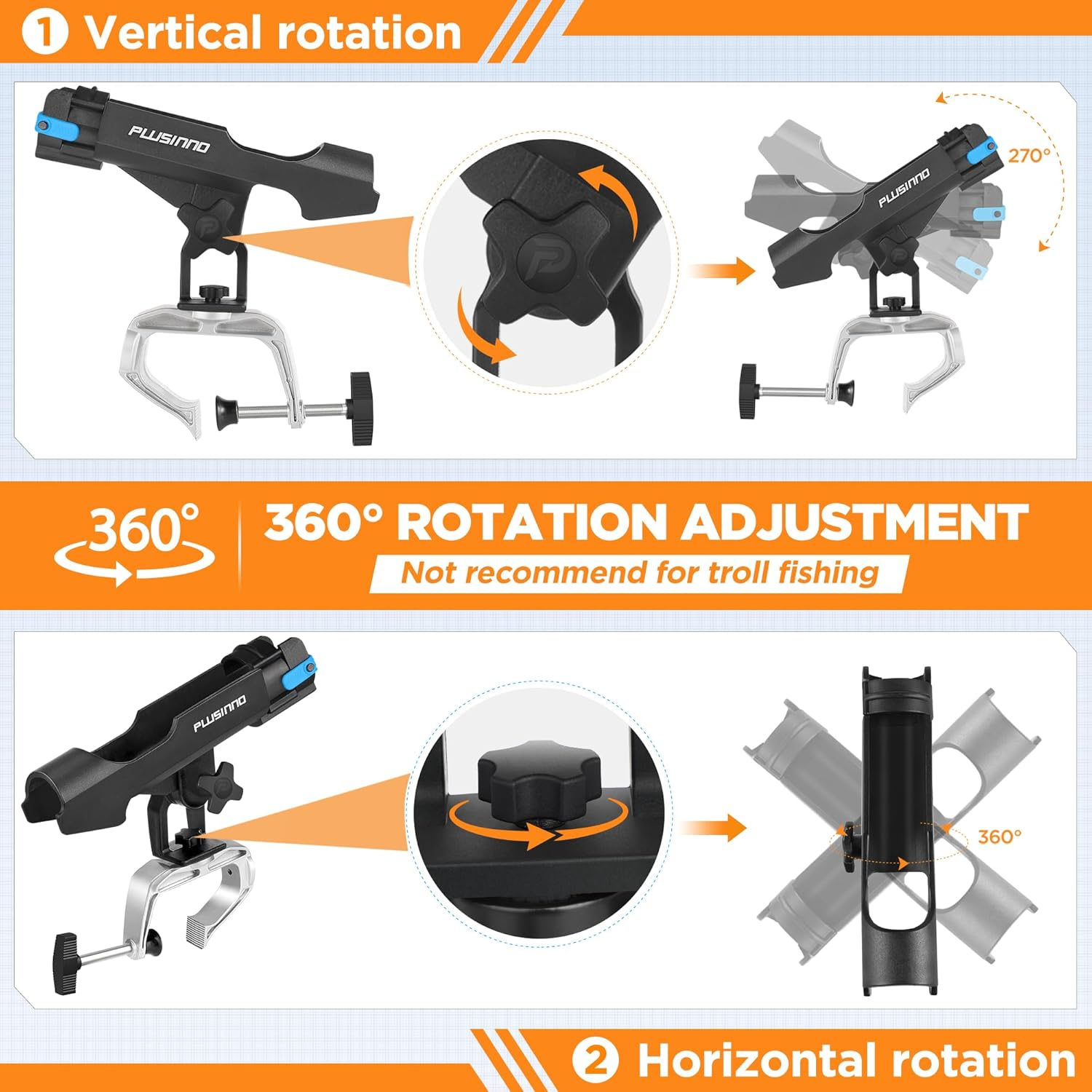 PLUSINNO Fishing Boat Rods Holder with Large Clamp Opening 360 Degree Adjustable Fishing Rod Racks Folding Holder &hellip;