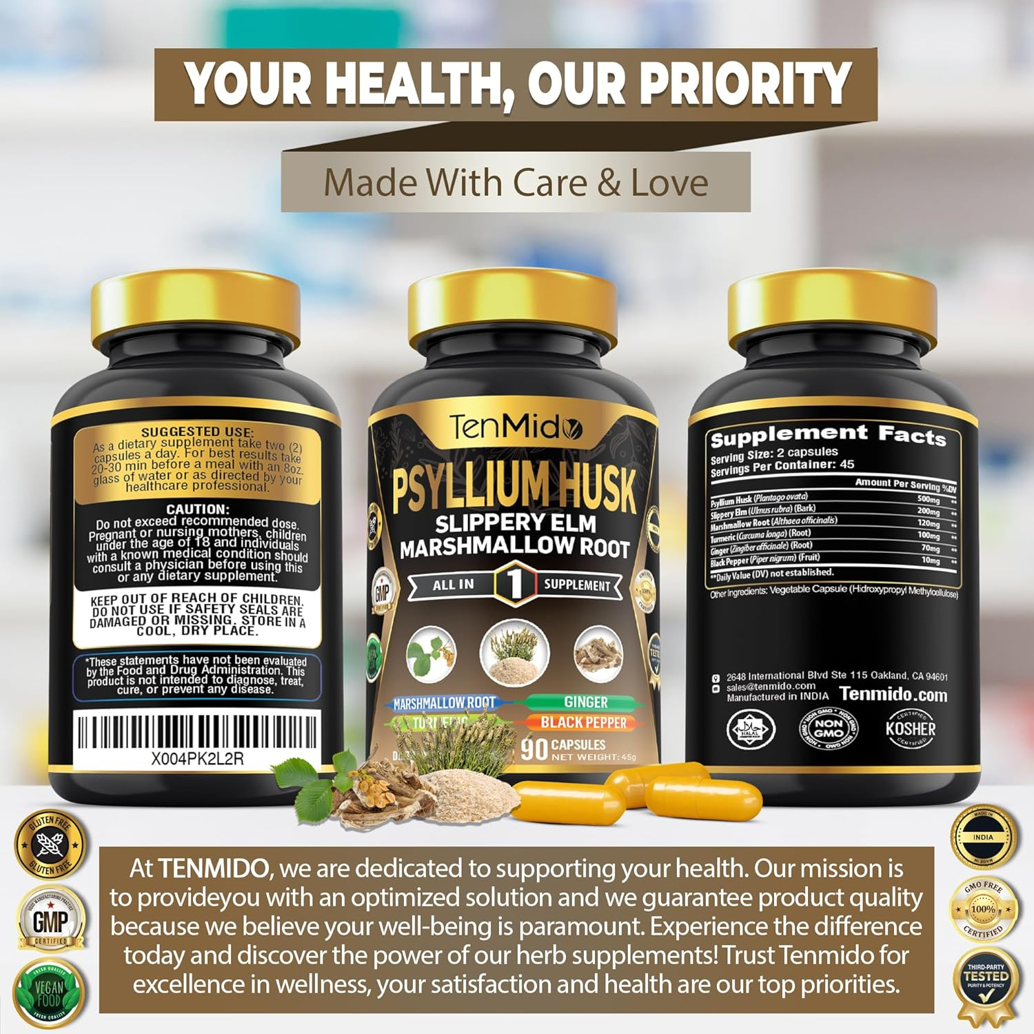 Tenmido Psyllium Husk Supplements - 6In1 with Slippery Elm, Marshmallow Root, Turmeric, Ginger & Black Pepper - Digestive Health - 90 Vegan & Non-Gmo Capsules image number 6
