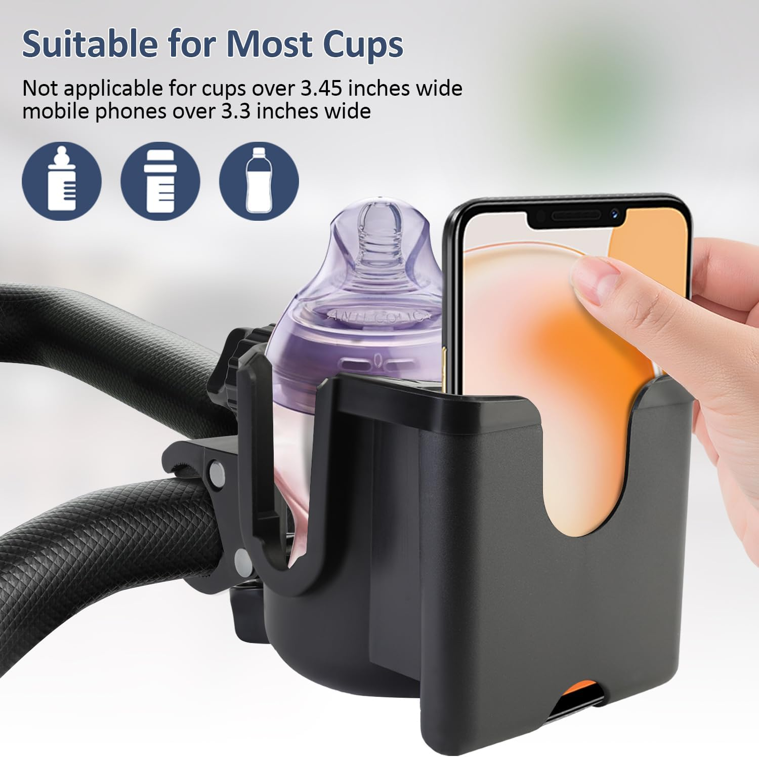 Universal Stroller Cup Holder with Phone Holder, 360&deg;Rotatable Bottle Holder with Strong Clip, Accessories for Stroller, Bike, Wheelchair, Walker, Scooter image number 4