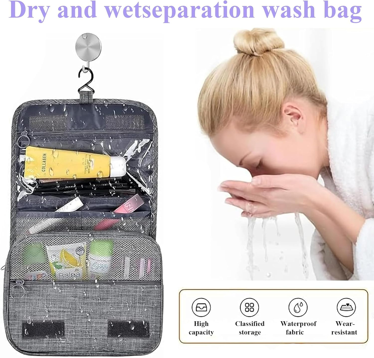 Rhoyee Hanging Toiletry Bag &ndash; Waterproof Travel Toiletries Organizer with Hook, 4-Layer Foldable Makeup & Shower Bag for Men and Women, Compact Bathroom Storage Pouch (Grey) image number 1