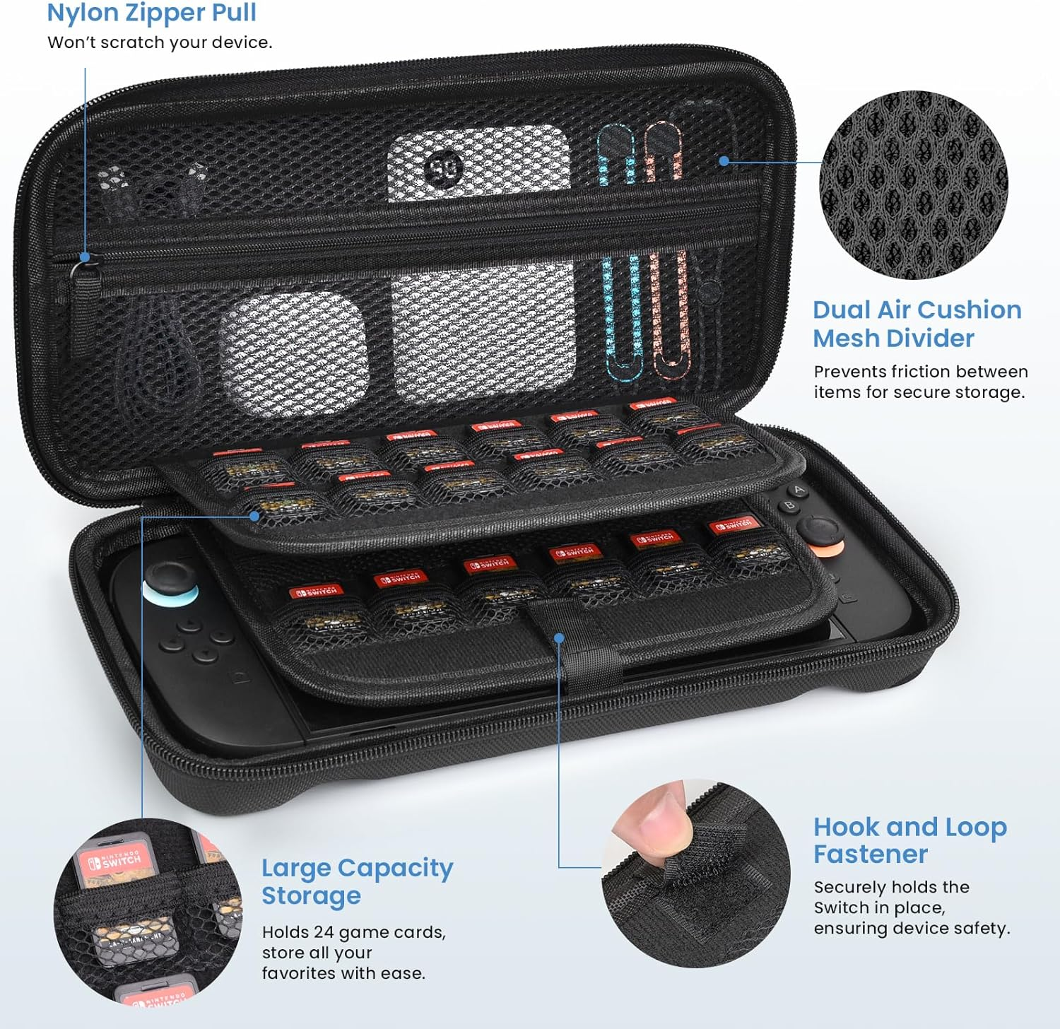 THRAU Nintendo Switch 2 Carrying Case Large Capacity Hard Shell Travel Pouch with 2 Screen Protectors, Thumb Grips, 24 Game Card Slots for Switch 2 Console & Accessories (Standard Version) image number 5