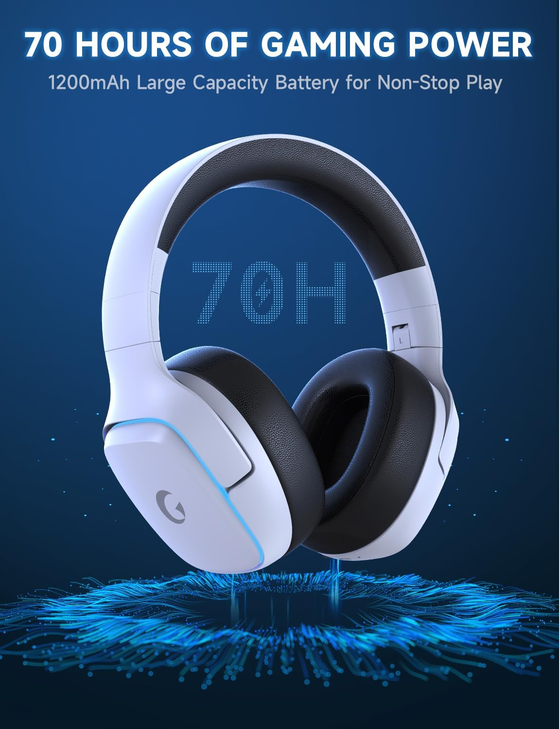 2.4Ghz Wireless Gaming Headsets for PS5, PS4, PC, Switch - Bluetooth 5.3 Gaming Headphones with Noise Canceling Mic, 7.1 Surround Sound, 70H Battery, Blue Lighting-Matt White image number 2