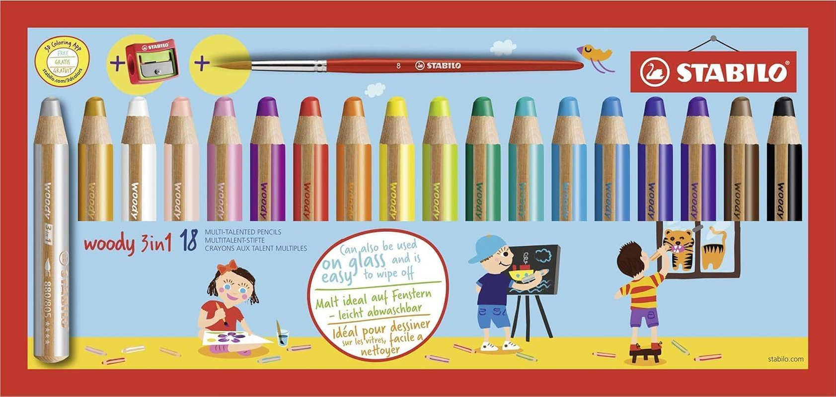 STABILO Multi-Talented Pencil Woody 3 in 1 - Pack of 18 - Assorted Colors with Sharpener and Paint Brush image number 4