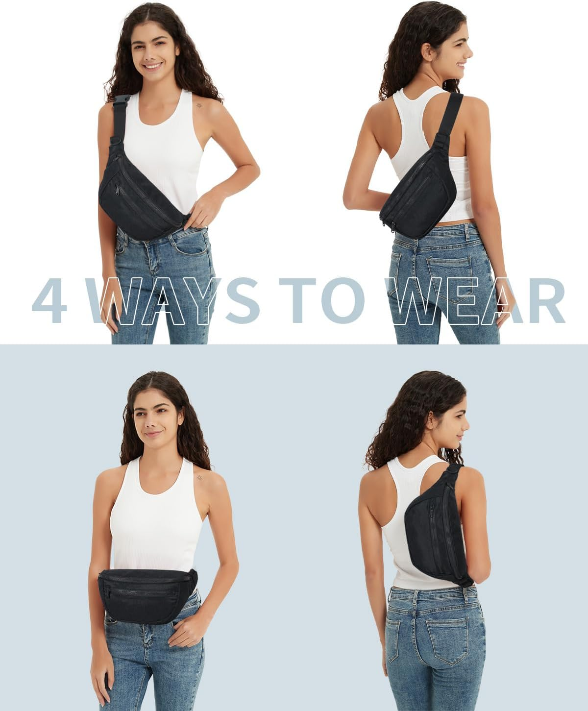 Fanny Pack for Women Men,Waist Bag Pack with Extra Extension Belt, Water Resistant Fashion Crossbody Belt Bags for Travel Walking Running Hiking, Pink Patent Pending, Black image number 6