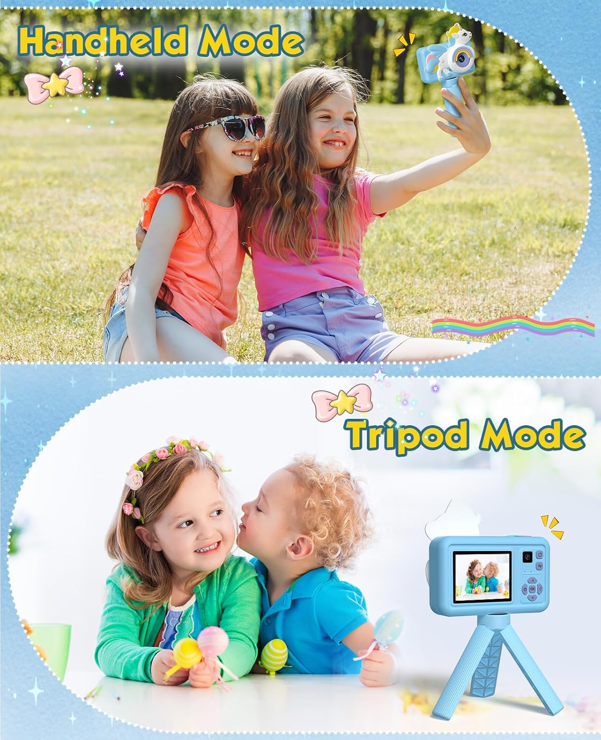 Kids Digital Camera with Tripod, 1080P HD /2 Inch Screen/ 32G Card/Music Video Camera with Unicorn Silicone Cover, Children Selfie Camera for Boys Girls Age 3-12 Years Old (Blue) image number 2
