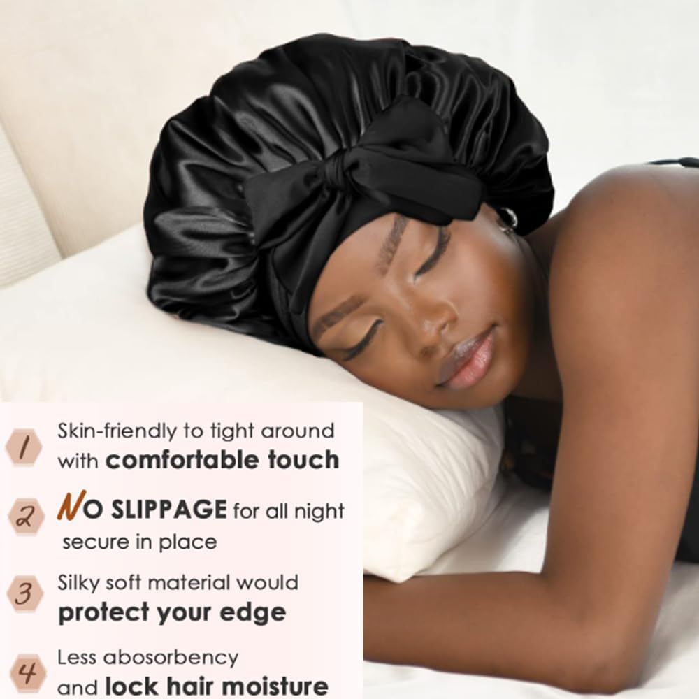 Satin Bonnet Silk Bonnet for Sleeping Silk Sleep Cap Double Layer Hair Bonnet with Elastic Tie Band for Curly Hair Night Cap Pink image number 3