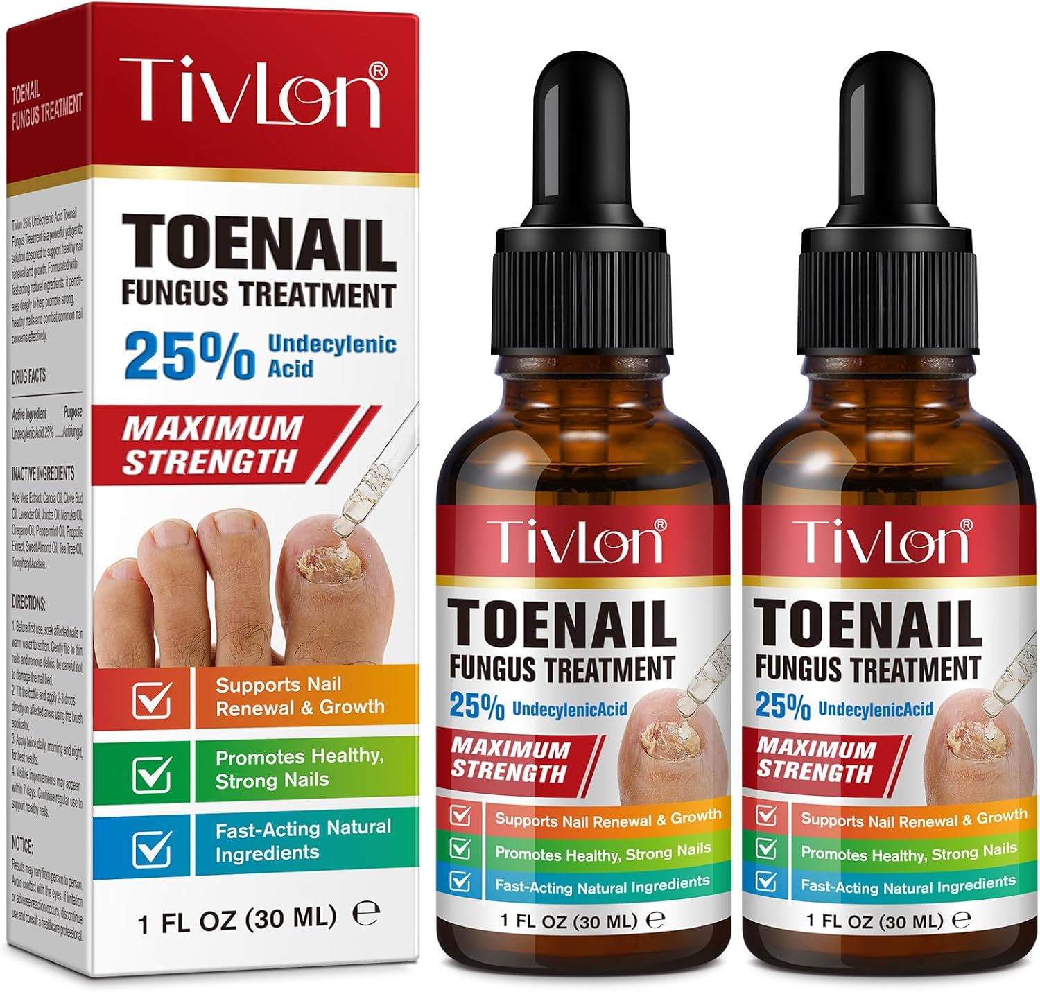 Toenail Fungus Treatment Liquid 30Ml | Extra Strength with Undecylenic Acid 25% and Tea Tree Oil | Nail and Toe Support | Fast-Absorbing Formula | 2 Pack image number 1