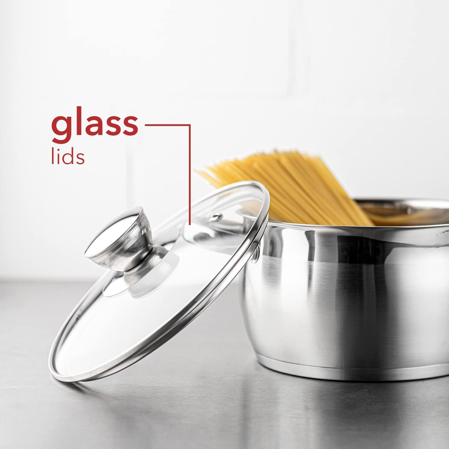 FLORINA Oliver 8-Piece Stainless Steel Pot Set, 1.3L, 1.8L, 2.5L, 3.4L, Induction, Gas, Electric Compatible, Dishwasher Safe, Nickel-Free, Glass Lid, Measurement Mark image number 5