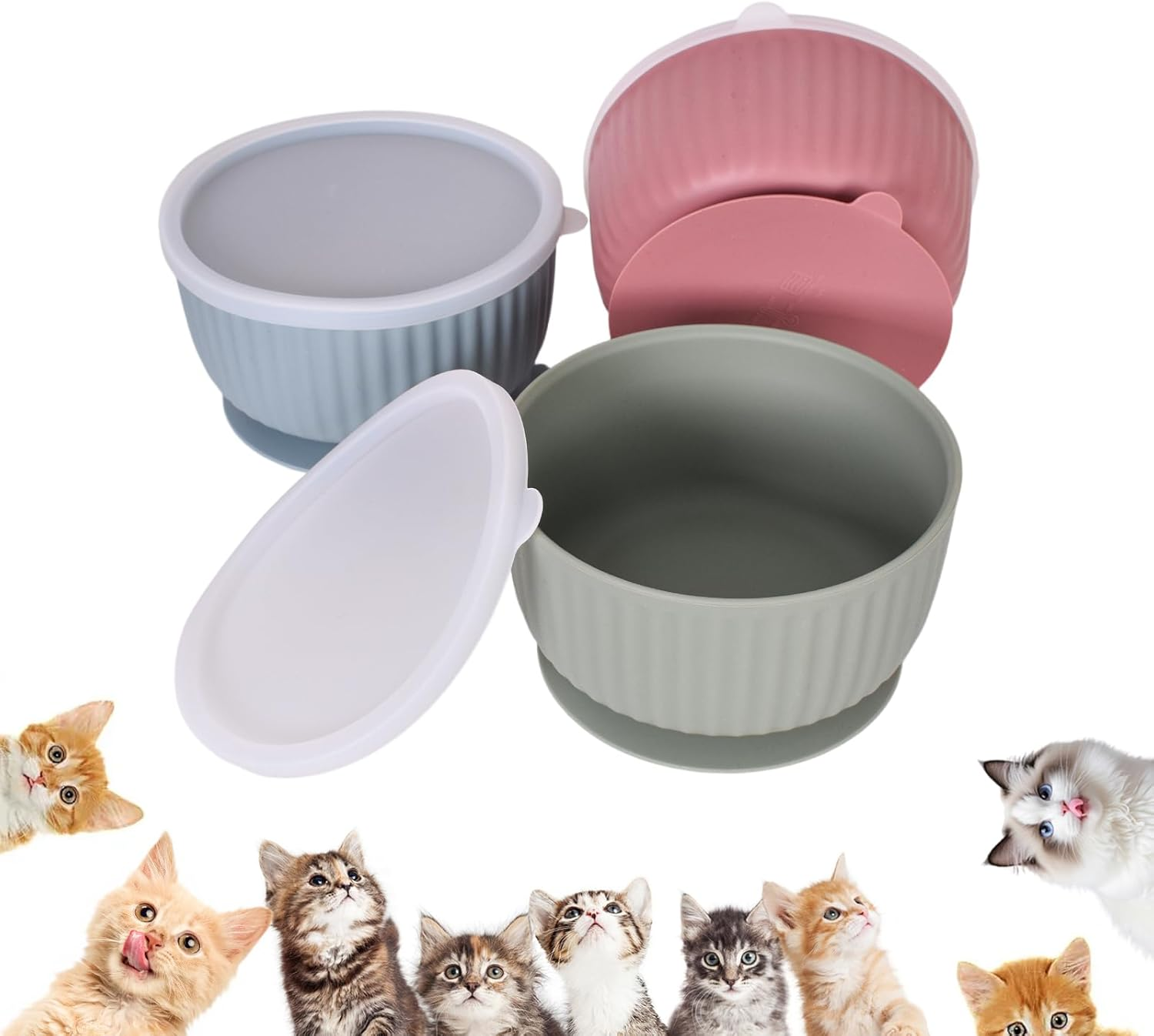 Set of 3 Silicone Cat Bowls with Lid, Non-Slip Suction Cup Feeding Bowls Set, for Kittens and Small Dogs, Microwave Dishwasher Safe, Striped Design Pet Bowls image number 1