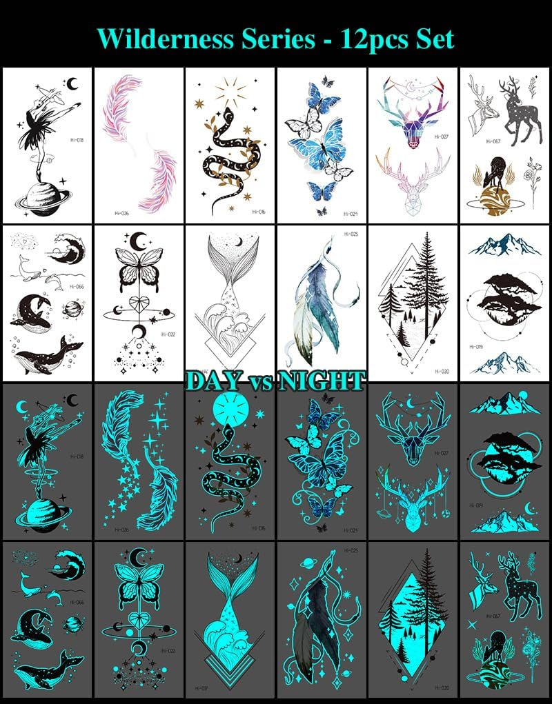 12 Sheets Glow in the Dark Tattoo Sticker Waterproof - Temporary Tattoos - Butterfly Deer Elf Feather Geometric Mermaid Snake Whale - Makeup Body Art Tattoo Sticker Pack for Adults Kids - 10.5X6Cm - Steadyink&reg;