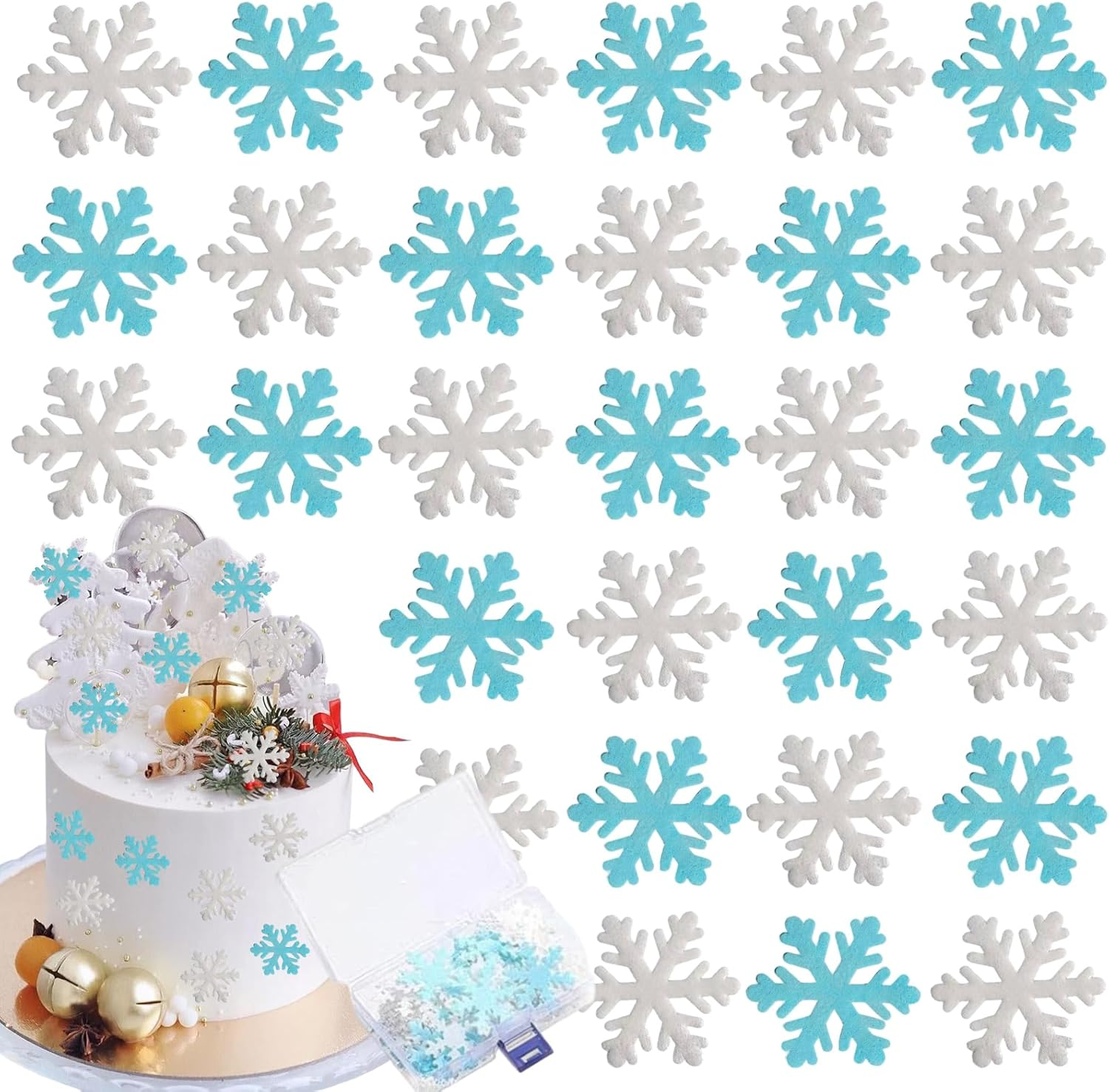 50 Pcs Edible Snowflake Cupcake Toppers Christmas Winter Cake Toppers White Blue Snowflakes Cake Decoration for Christmas Winter Frozen Birthday Theme Party Supplies image number 6