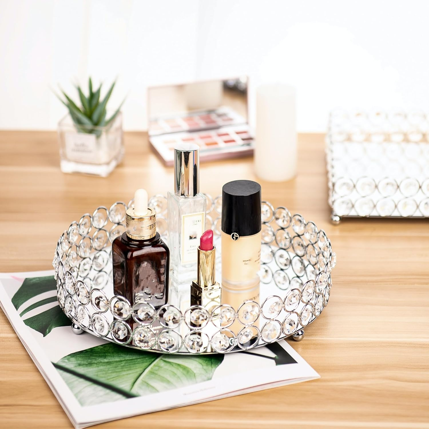 Feyarl Crystal Jewelry Tray Cosmetic Organizer round Tray Mirrored Decorative Trays for Perfume Bottles, 25Cm (Silver)