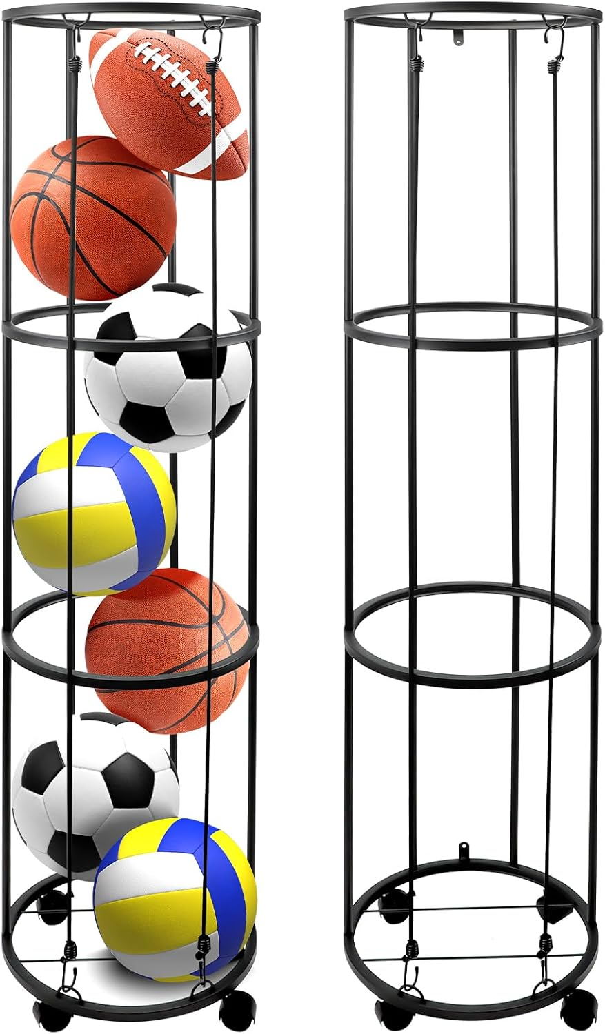 ZEMBSOYA 3 Layer Garage Ball Storage, Columnar Vertical Ball Storage Racks with Wheels, Ball Rack Organizer for Basketball, Football, Volleyball, Ball Organizer for Room, Garage, Home