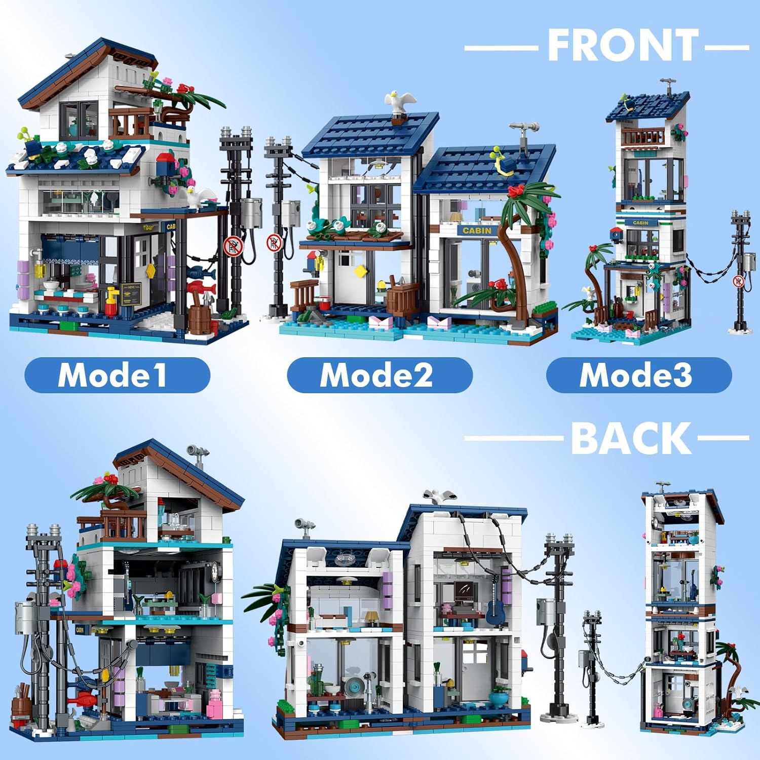3 in 1 Beach House Building Set, Modern Seaside Villa with Light, Friends Vacation Cottage, Japanese Architecture Model Toys Gifts for Kids Adult Age 8+(813 Pcs) image number 6