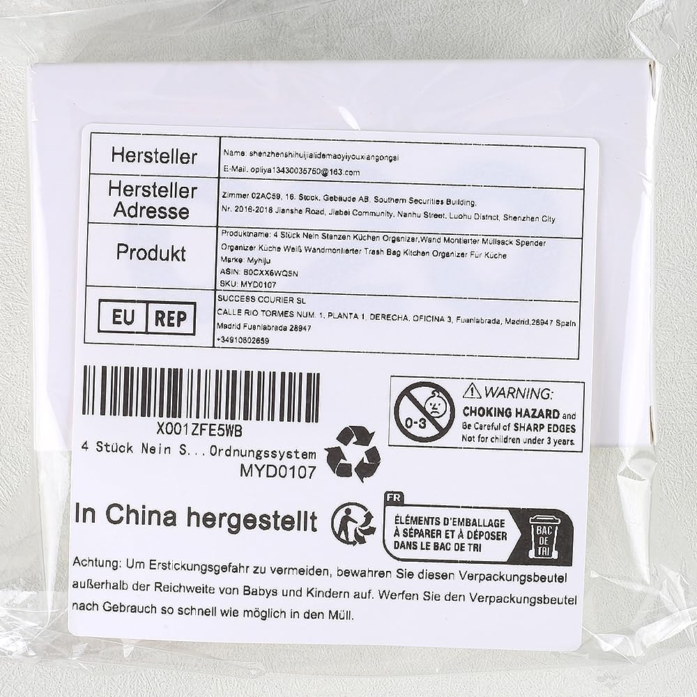 Pack of 4 No Punching Kitchen Organiser, Wall Mounted Bin Bag Dispenser Organiser Kitchen White Wall Mounted Trash Bag Kitchen Organiser for Kitchen Storage & Organisation Kitchen Accessories image number 1