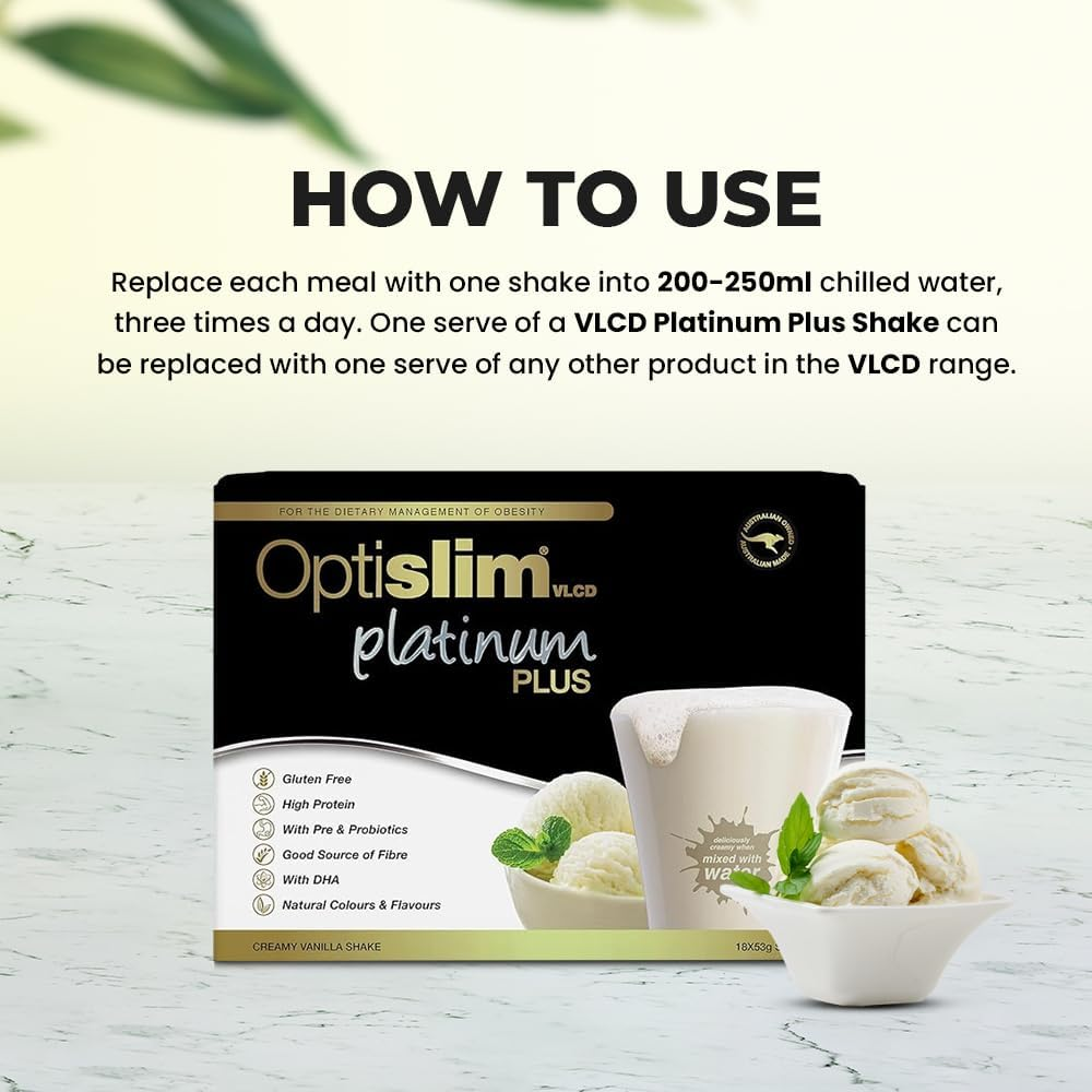 Optislim VLCD Platinum plus Shake, Meal Replacement, 20.2G High Protein, Pre & Probiotic, DHA, Dietary Fibre, and MCT - Vanilla Flavour - 18 X 53G Sachet