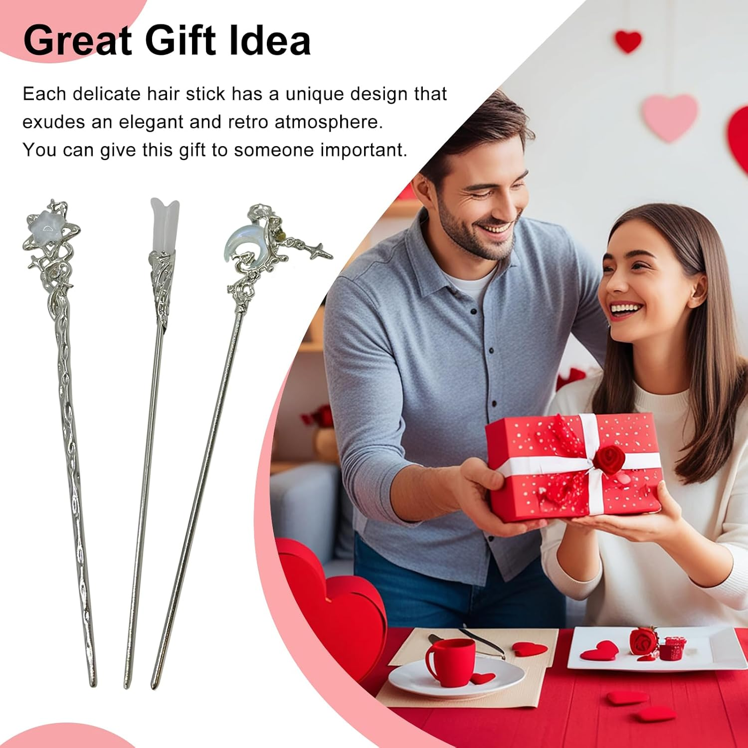 BRDXOOL Pack of 3 Women'S Hair Pins Star and Moon Hair Pins Long Hair Pin Sets Simple Hair Pins Retro Hair Pins Metal Silver Hair Pins for Girls Gifts image number 2