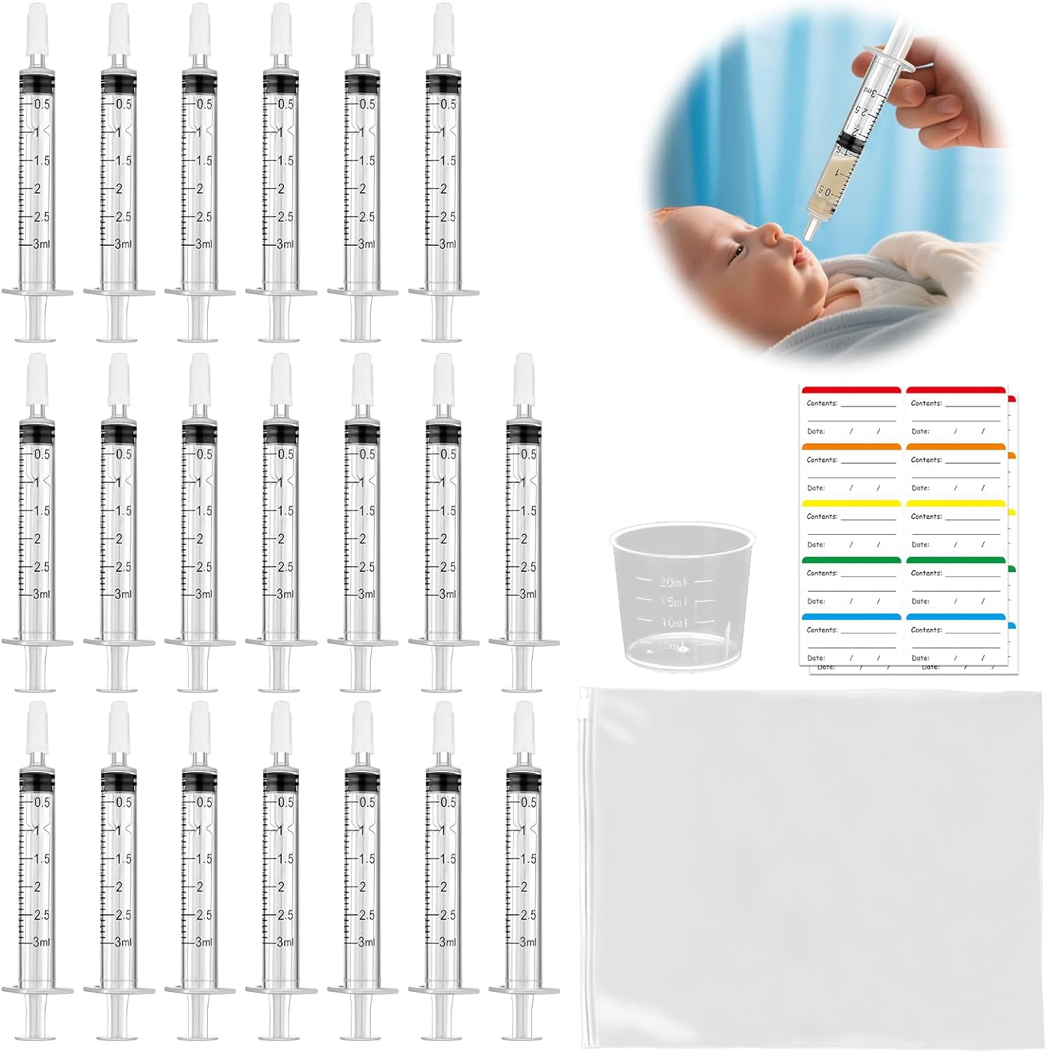42 Pcs Colostrum Collector Kit, 20 Sterile Sealed Breast Milk Collector(3 ML) - Syringe No-Needle with Sealed Caps 20 Stickers 1 Colostrum Collection Measuring Cup(20Ml) 1 Slide Lock Storage Bag for Breastfeeding image number 2