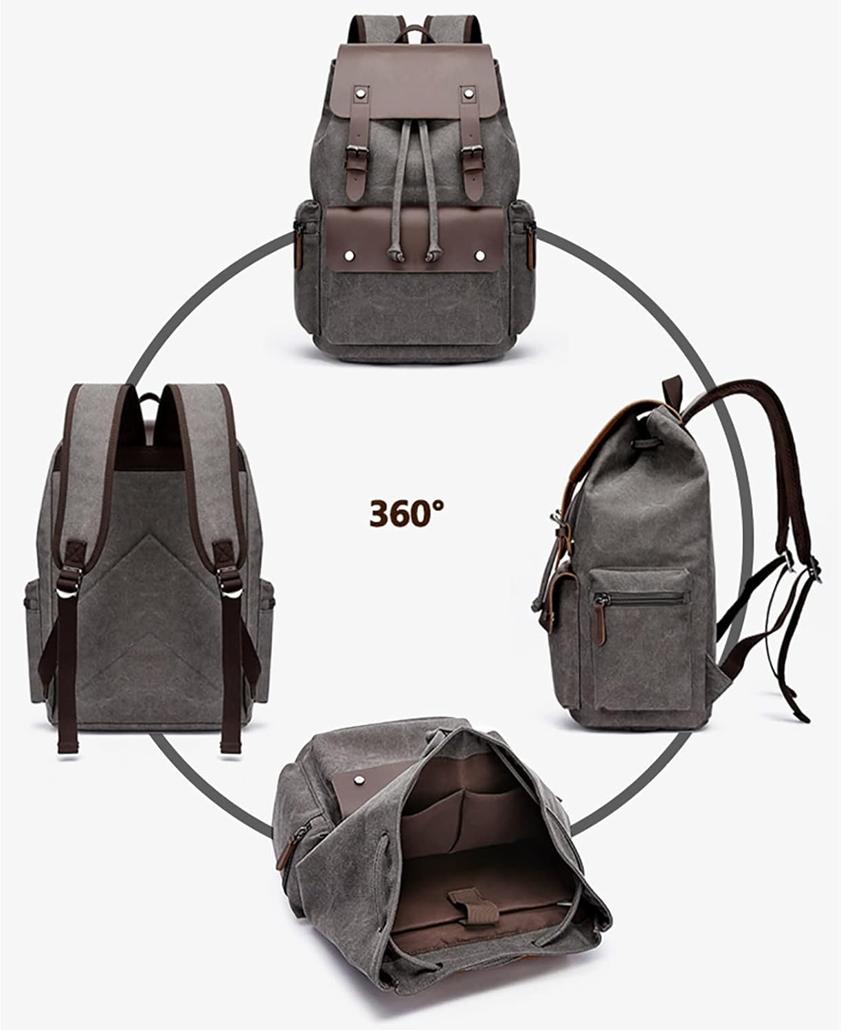 Leather Laptop Backpack, Casual Canvas Campus School Rucksack with 15.6 Inch Laptop Compartment Brown image number 3
