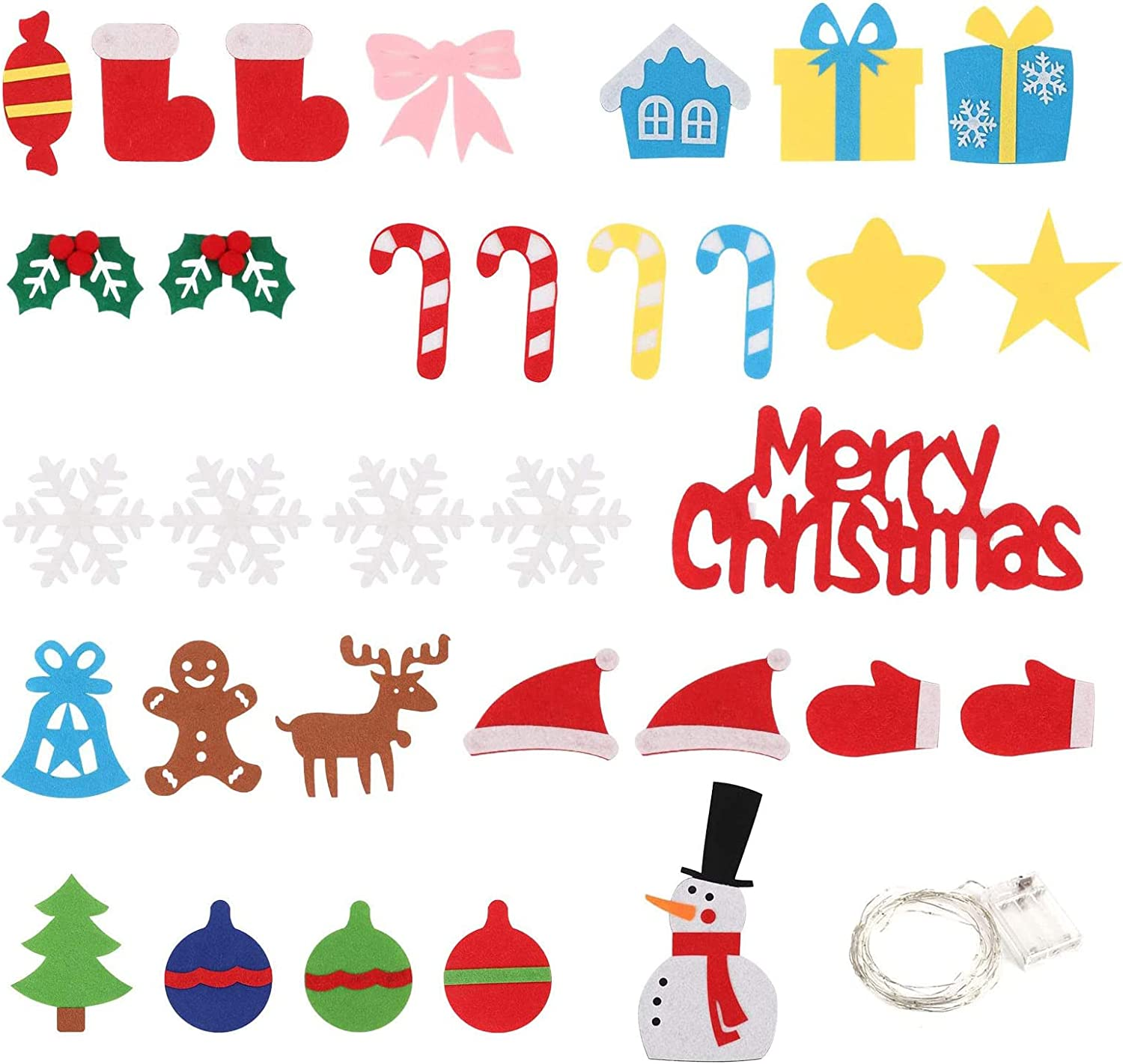 DIY Lighted Felt Christmas Tree Set Xmas Decorations Wall Hanging 32 Ornaments Kids Gift with String Light (Batteries Not Included) image number 5