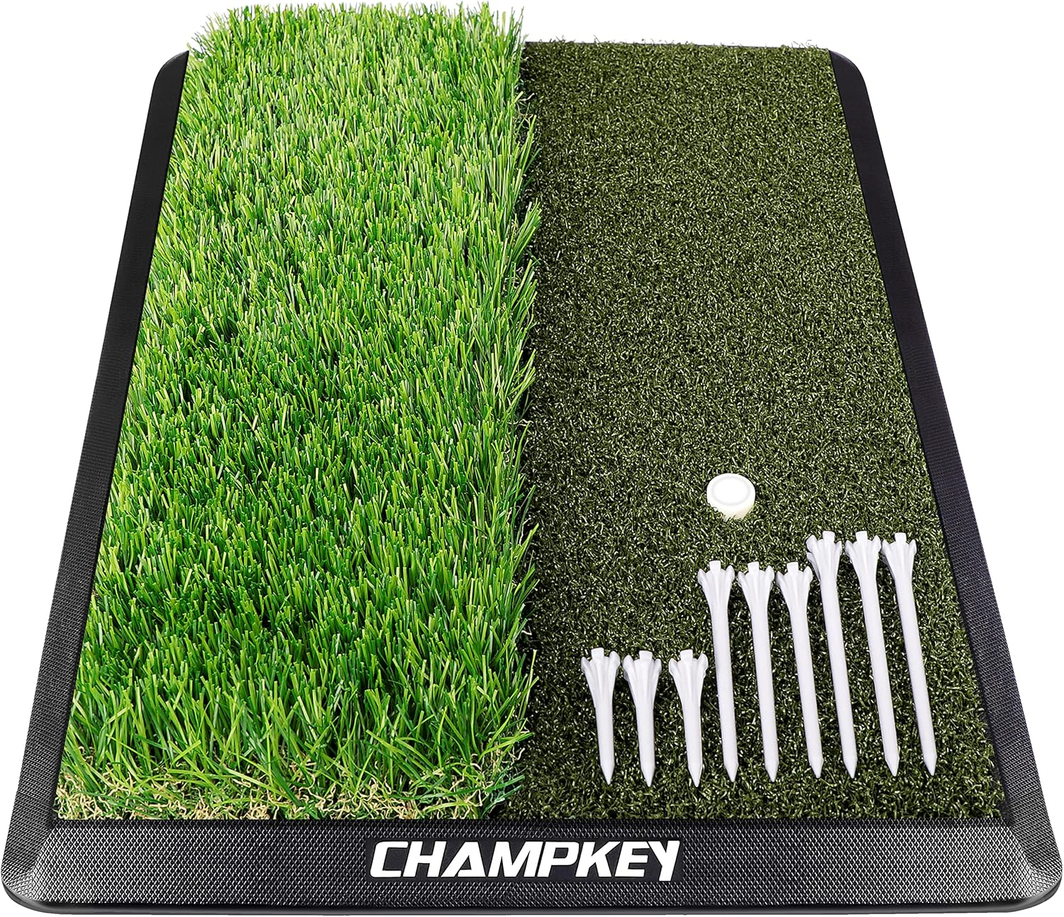 CHAMPKEY Dual-Turf Golf Hitting Mat | 9 Golf Tees & 1 Rubber Tee | Heavy Duty Rubber Backing Golf Practice Mat | Green Nylon Foldable Mat with 9 Holes image number 5