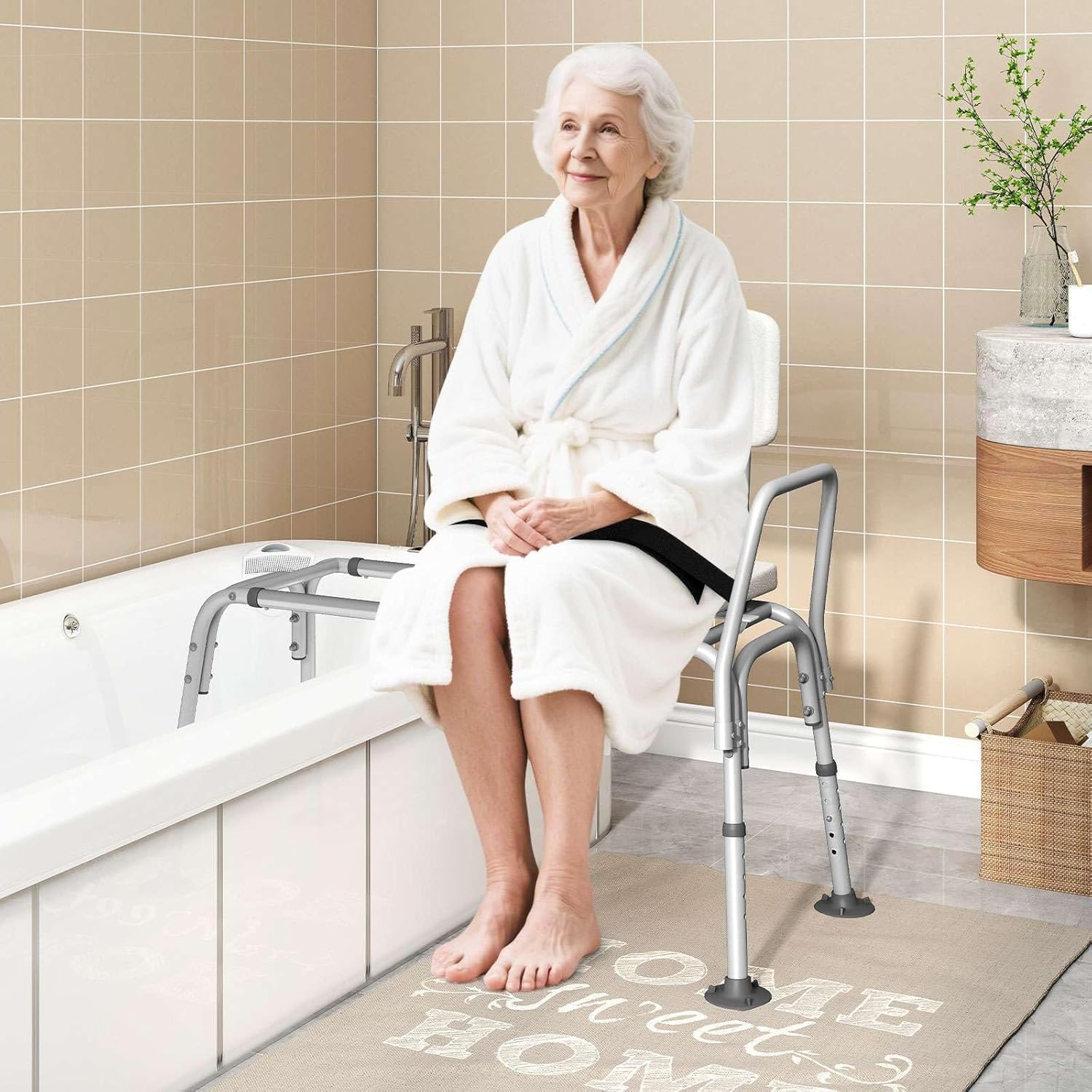 Costway Sliding Tub Transfer Bench, Height Adjustable inside Bathtub Chair with Extra-Wide Seat, Backrest, Armrest and Safety Belt, Non-Slip Shower Chair for Elderly and Disabled image number 2