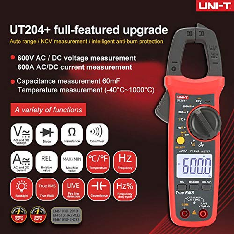 UT204+ Digital Clamp Meter, Handheld Clamp Multimeter with Ampere, Volt, Ohm, Diode, Temperature Tester., Includes Non-Contact Voltage (NCV) Detection for Quick and Safe Voltage Presence Checking. - Ut203+ image number 4