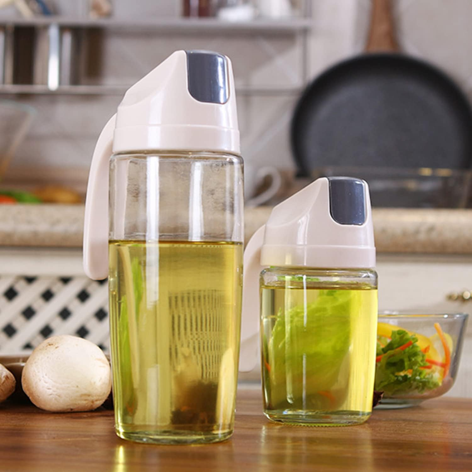 Kimilx Oil Dispenser, Cooking Olive Oil Glass Bottle, 600ML 22OZ White Auto Flip Leakproof Condiment Container, W/Automatic Cap and Stopper for Kitchen Cooking - A-600Ml image number 3