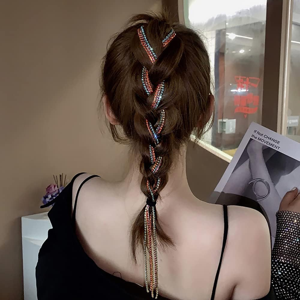 2Pcs Bling Bling Rhinestones Head Chain Hairpin Hair Clip Headdress Jewelry Luxury Long Tassel Bride Ornaments Girls Hair Accessories (Colorful Six Rows) image number 3