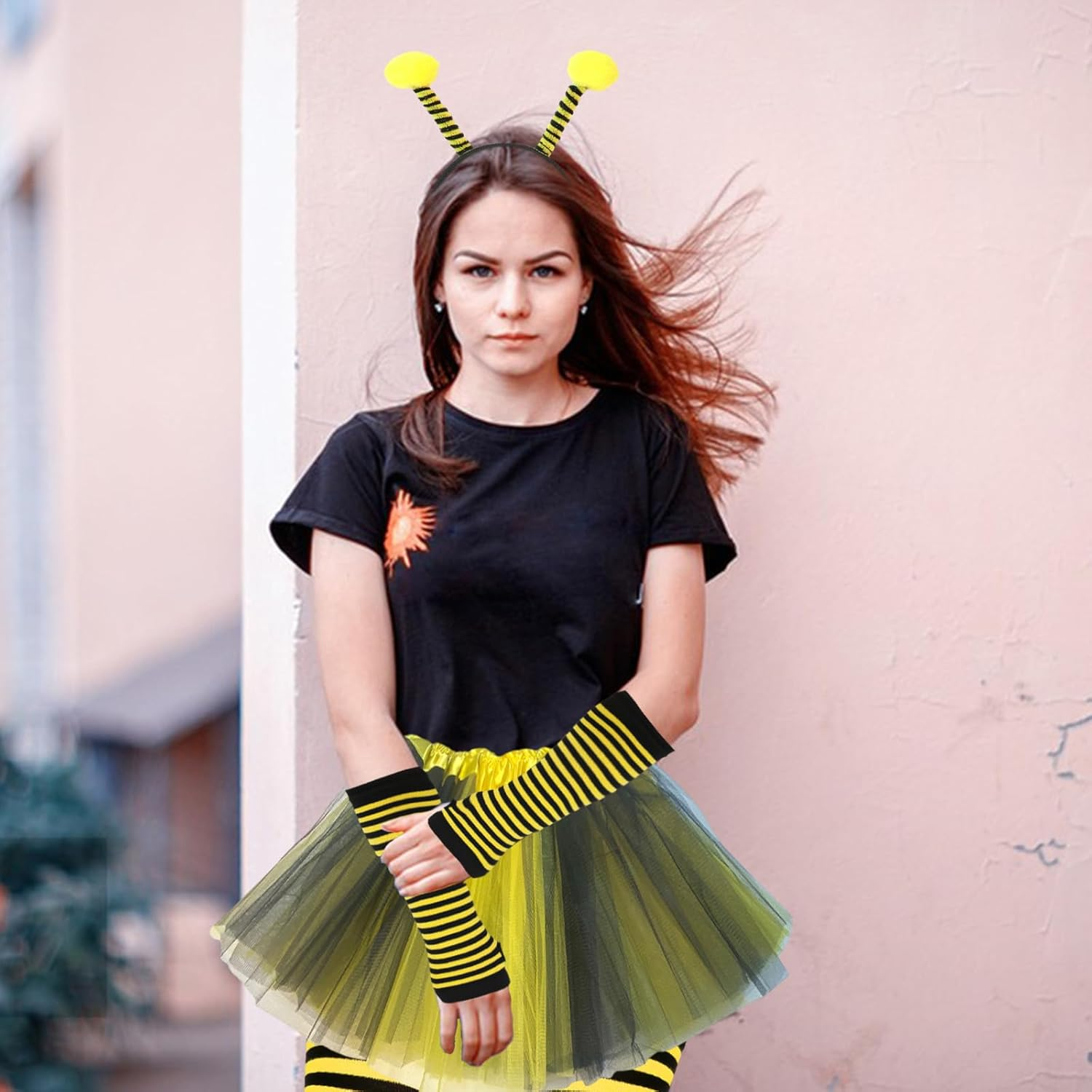 Homiliky 7 Pcs Bee Costume Set for Adults Bumble Bee Fancy Dress Set Including Sunglasses Headband Leg Sleeves Long Gloves Bee Dress for Role Play Cosplay Dress up Party image number 1