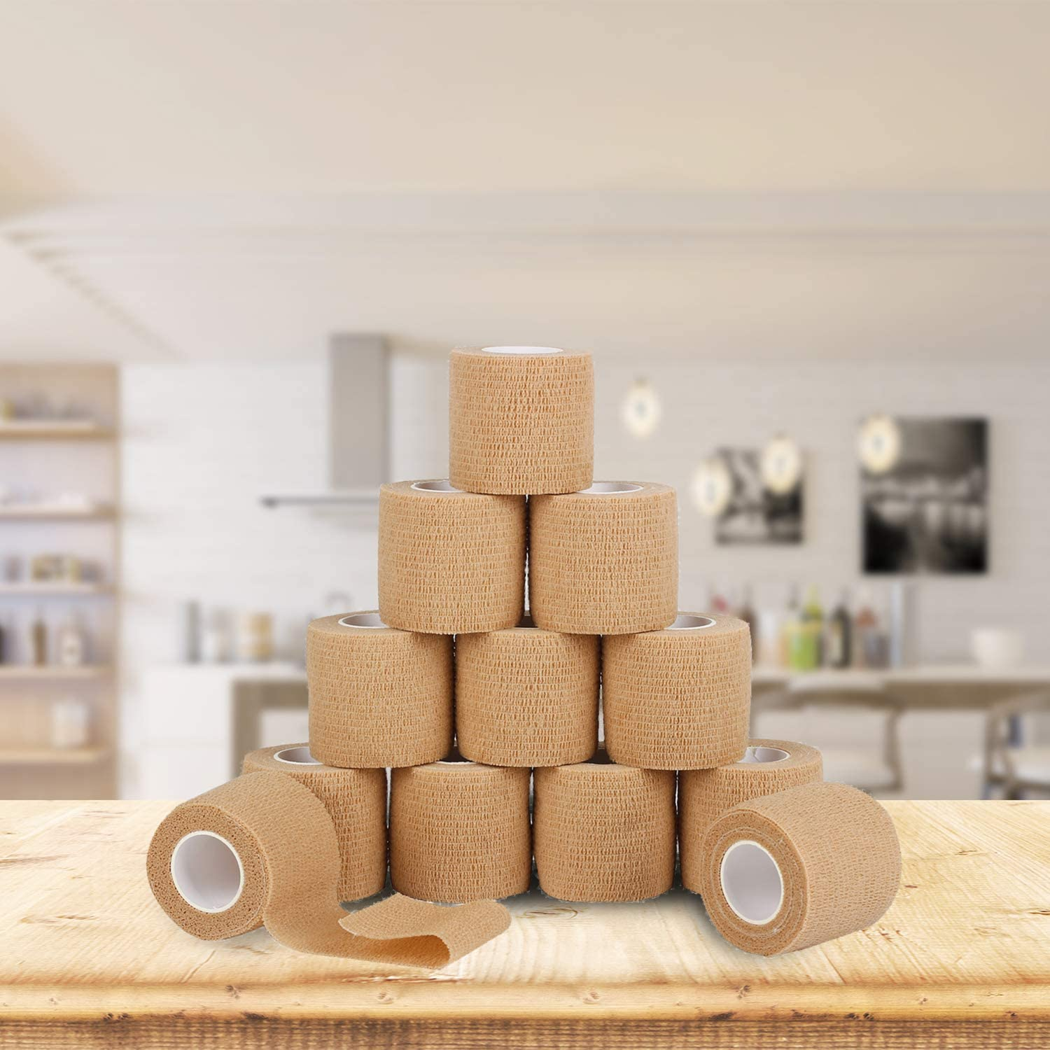 Self Adherent Cohesive Wrap Bandages 2 Inches X 5 Yards, 12 Count, First Aid Tape, Elastic Self Adhesive Tape, Athletic, Sports Wrap Tape, Bandage Wrap for Sports, Wrist, Skin Colour Athletic Tape