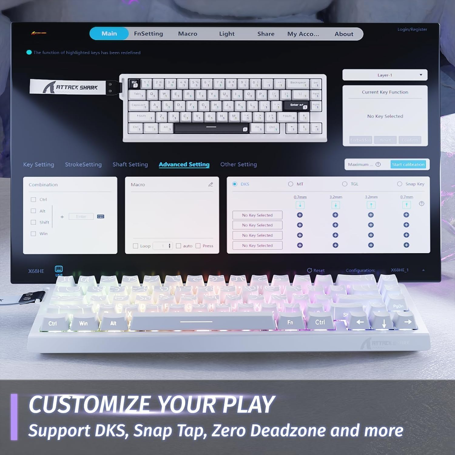 Attack Shark X68 HE Gaming Keyboard & R1 Mouse Combo,8Khz Magnetic Switch Keyboard, 16.8M RGB, Custom Actuation, 55G Ultra-Light Mouse with 18,000 DPI & Tri-Mode Connectivity for Esport Gamer-White