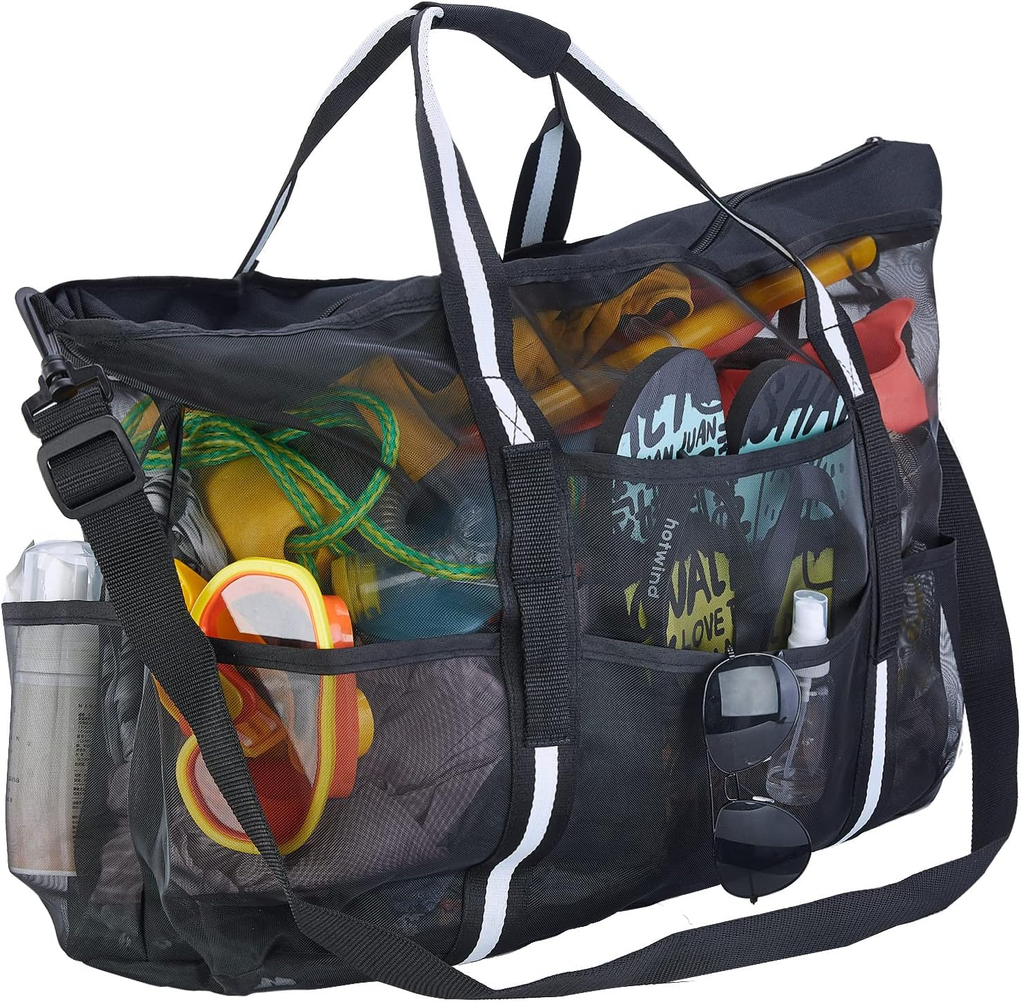 MOPHOEXII Extra Large Mesh Beach Bags Pool Bags，Vacation Beach Toy Bag Swimming Bag Packable Beach Bag Mesh Tote Bag for Women and Men, Black, Black, Large image number 4